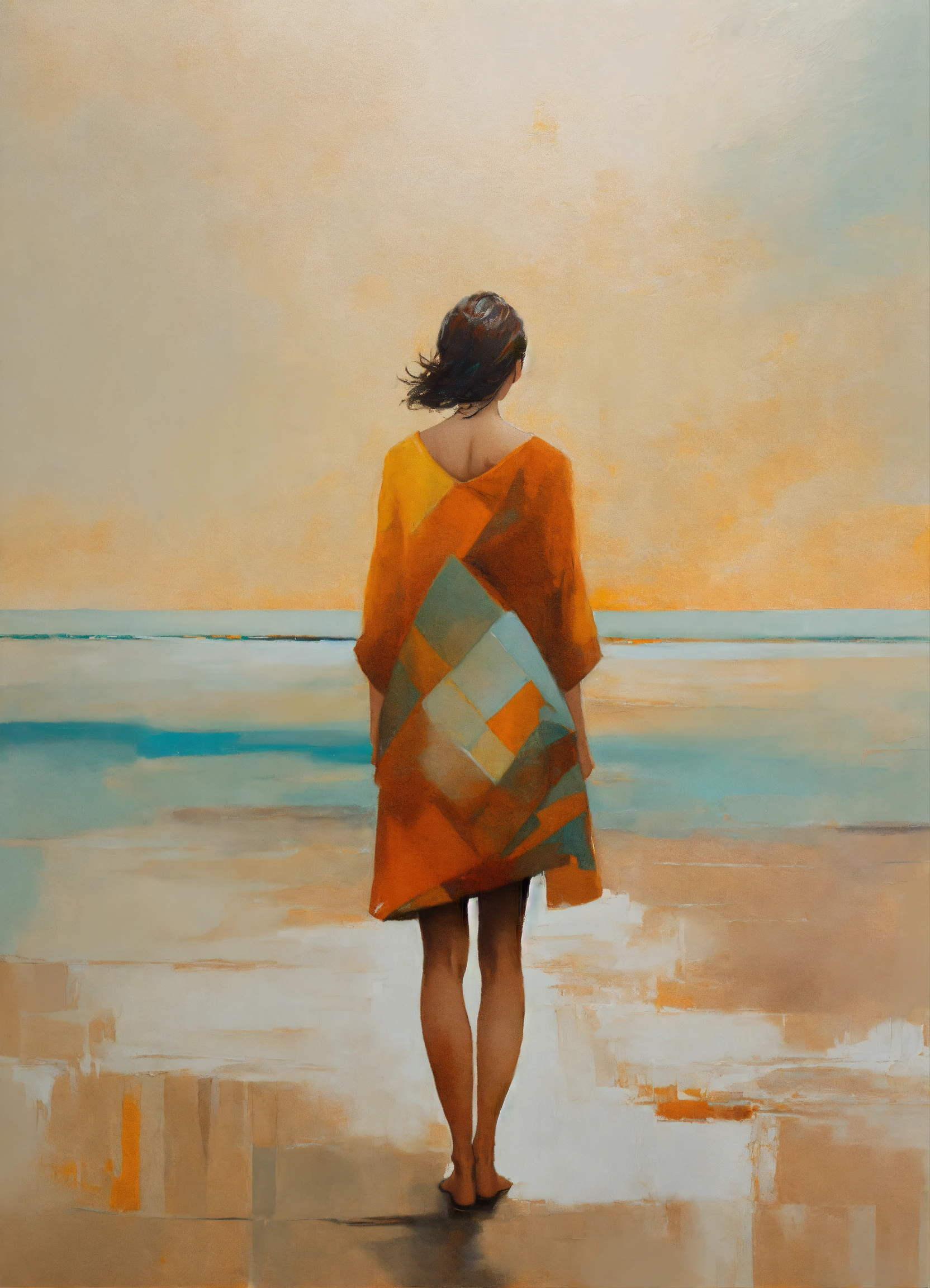 Lexica - Abstract and minimalist oil painting of woman on a deserted ...
