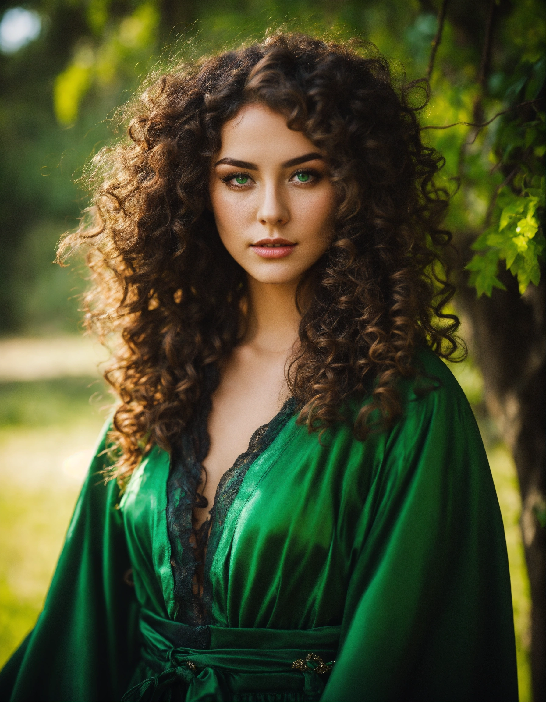 Lexica Curly Hair Brunette Green Eyes Confident Woman In Witch Robe