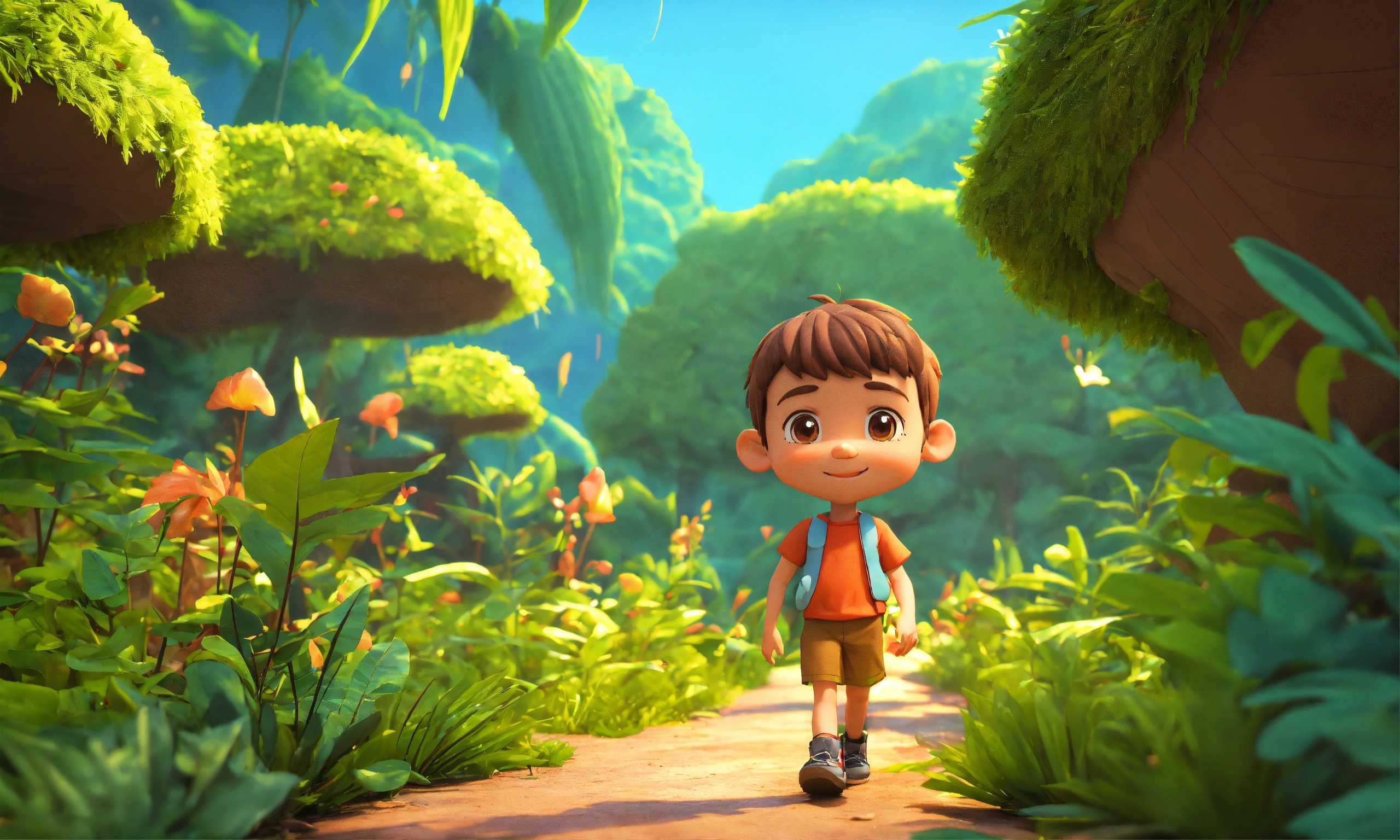 Lexica - Cartoon cute 3d style boy walking in jungle