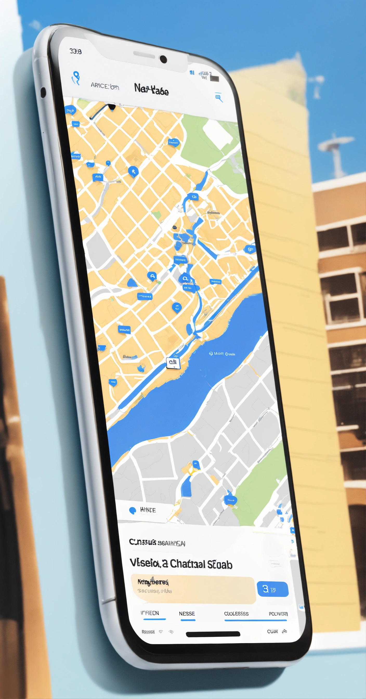 Lexica - Graphic user interface of an app, with a map of a city and a ...