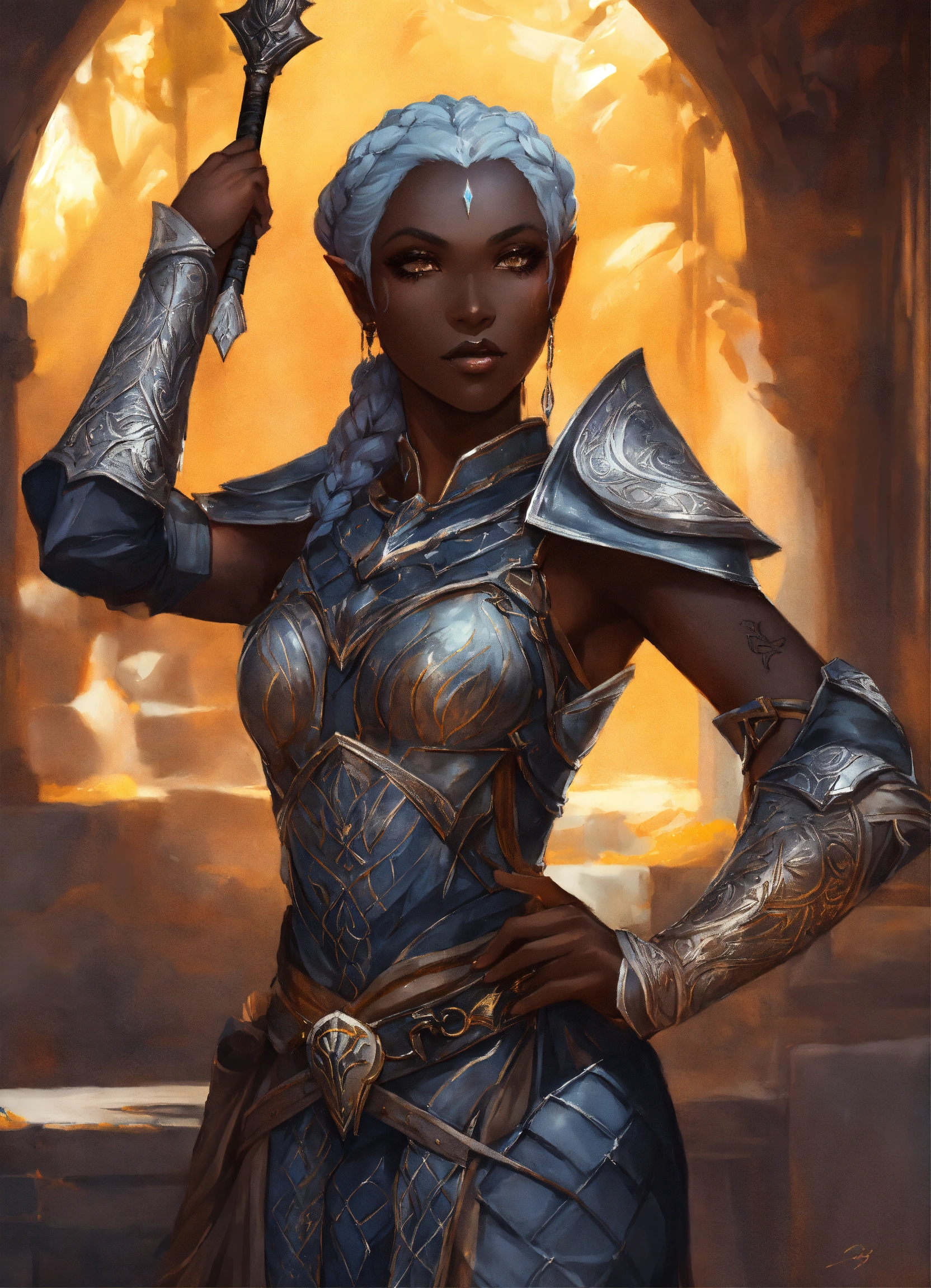 Lexica - A beautiful drow woman in sun themed armor. she has braids and ...