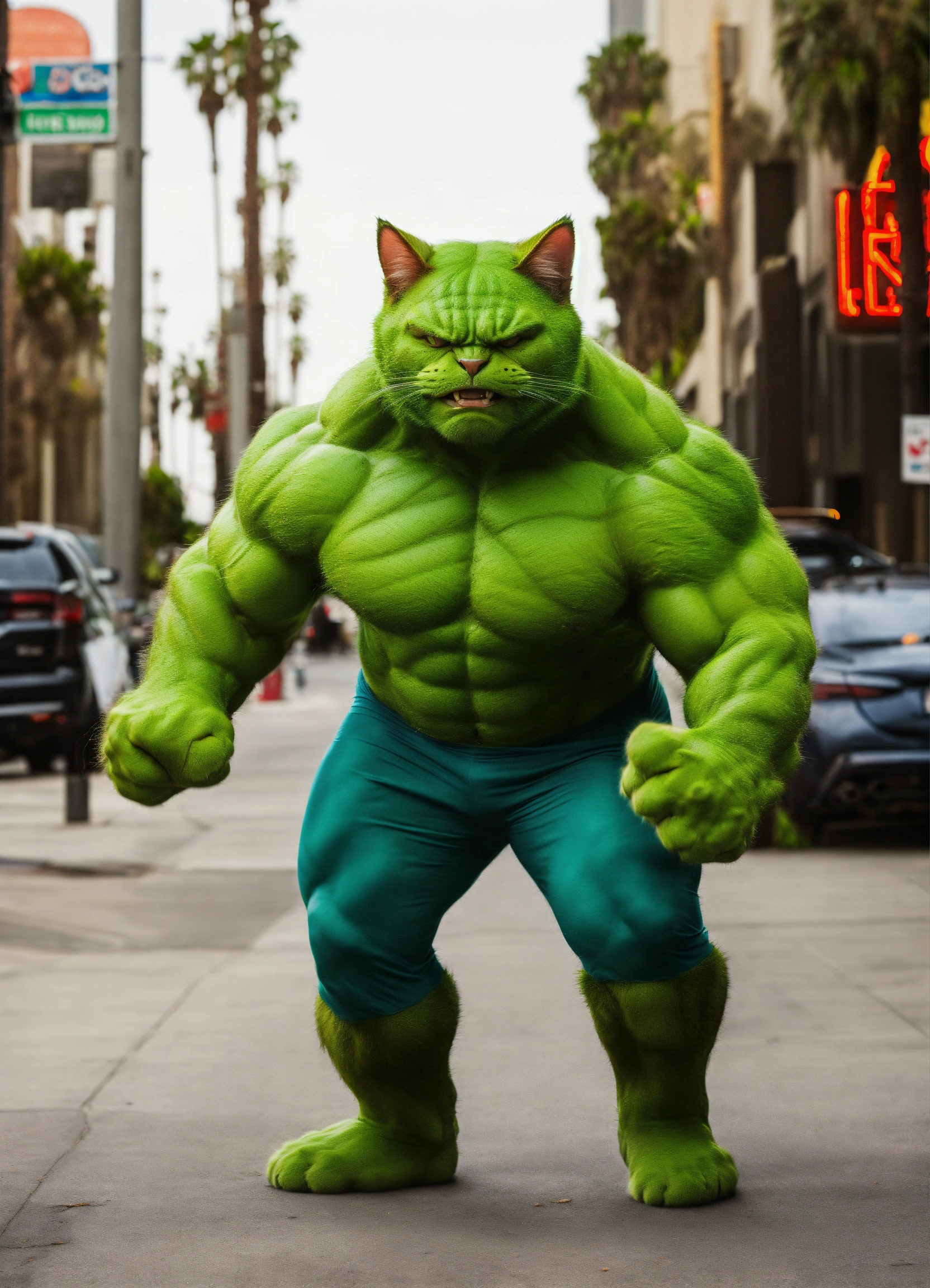 Lexica - A cat wearing a Hulk suit in Los Angeles catching villains ...