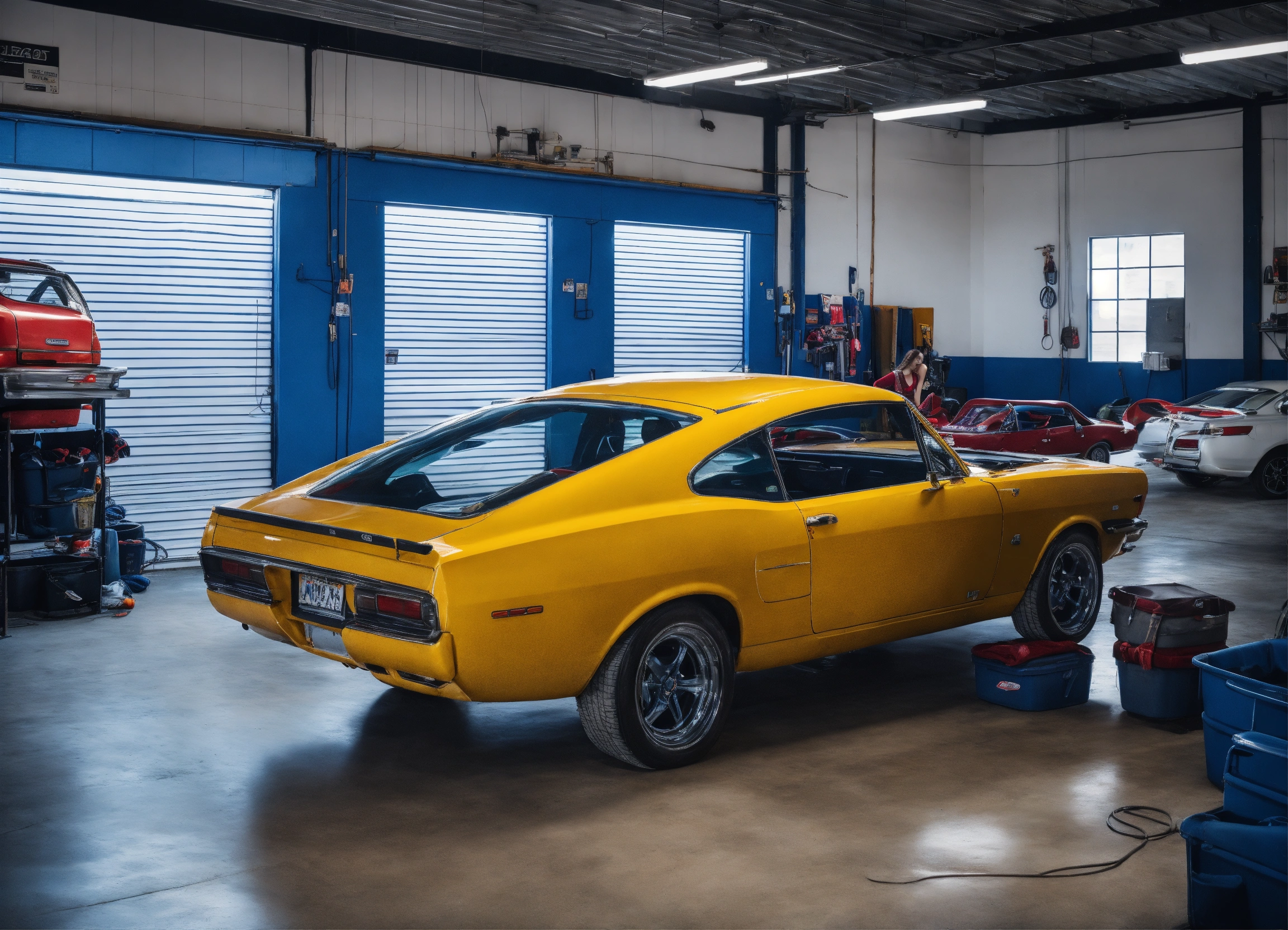 Lexica Fashion swimwear shooting in a commercial auto repair garage