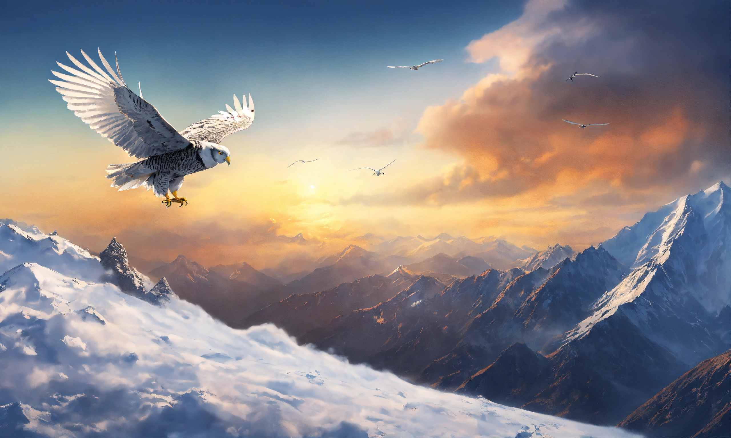 Lexica - Small white eagle flying higher in the sky and one owl is ...