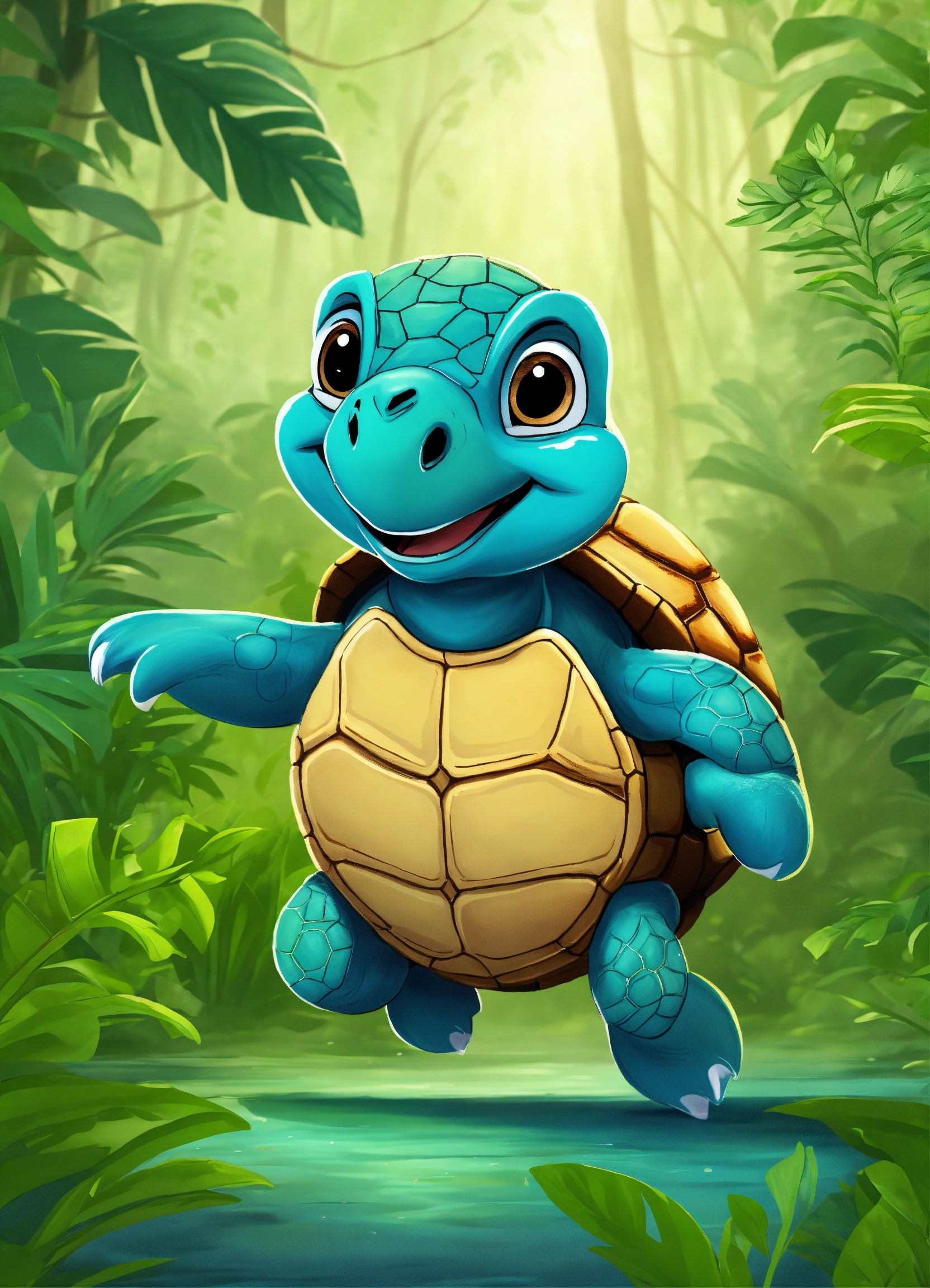 Lexica - Cartoon cute turtle running in jungle on its two legs