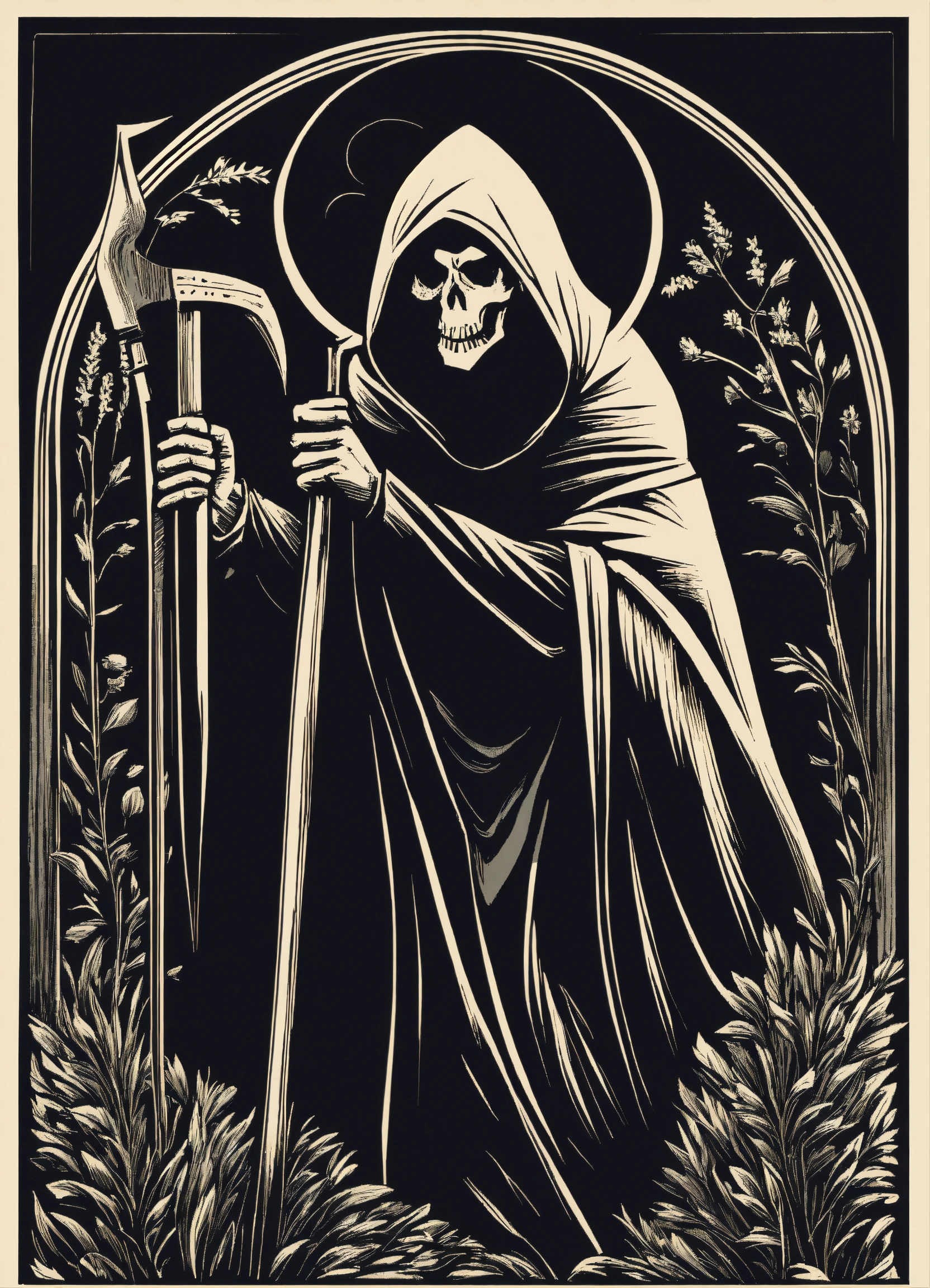 Lexica - Black and white linocut design of the grim reaper, simple ...