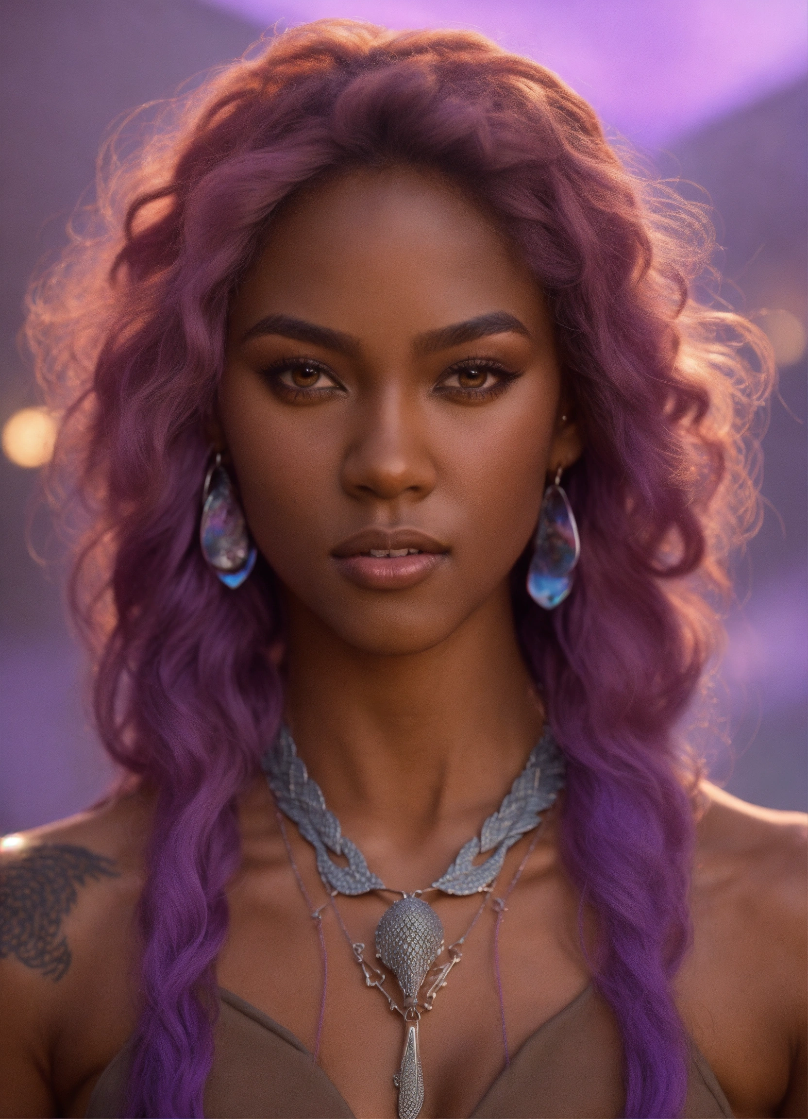 Lexica A black woman, Caramel brown skin, dragon scales, under shave pastel purple long hair