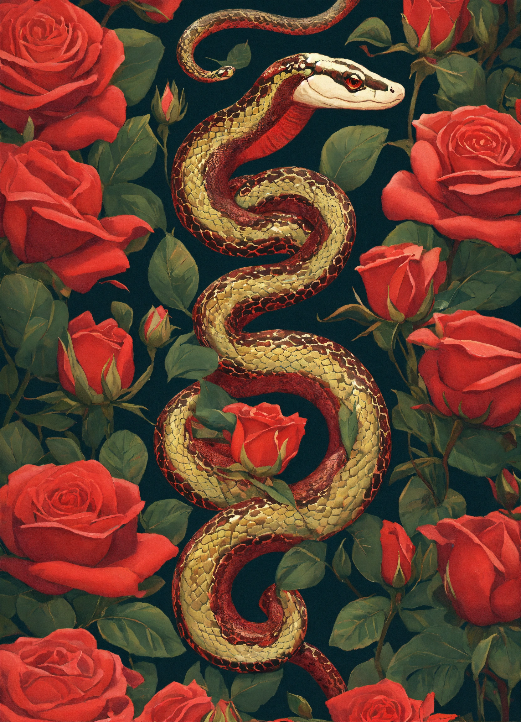 Lexica - A snake among red roses
