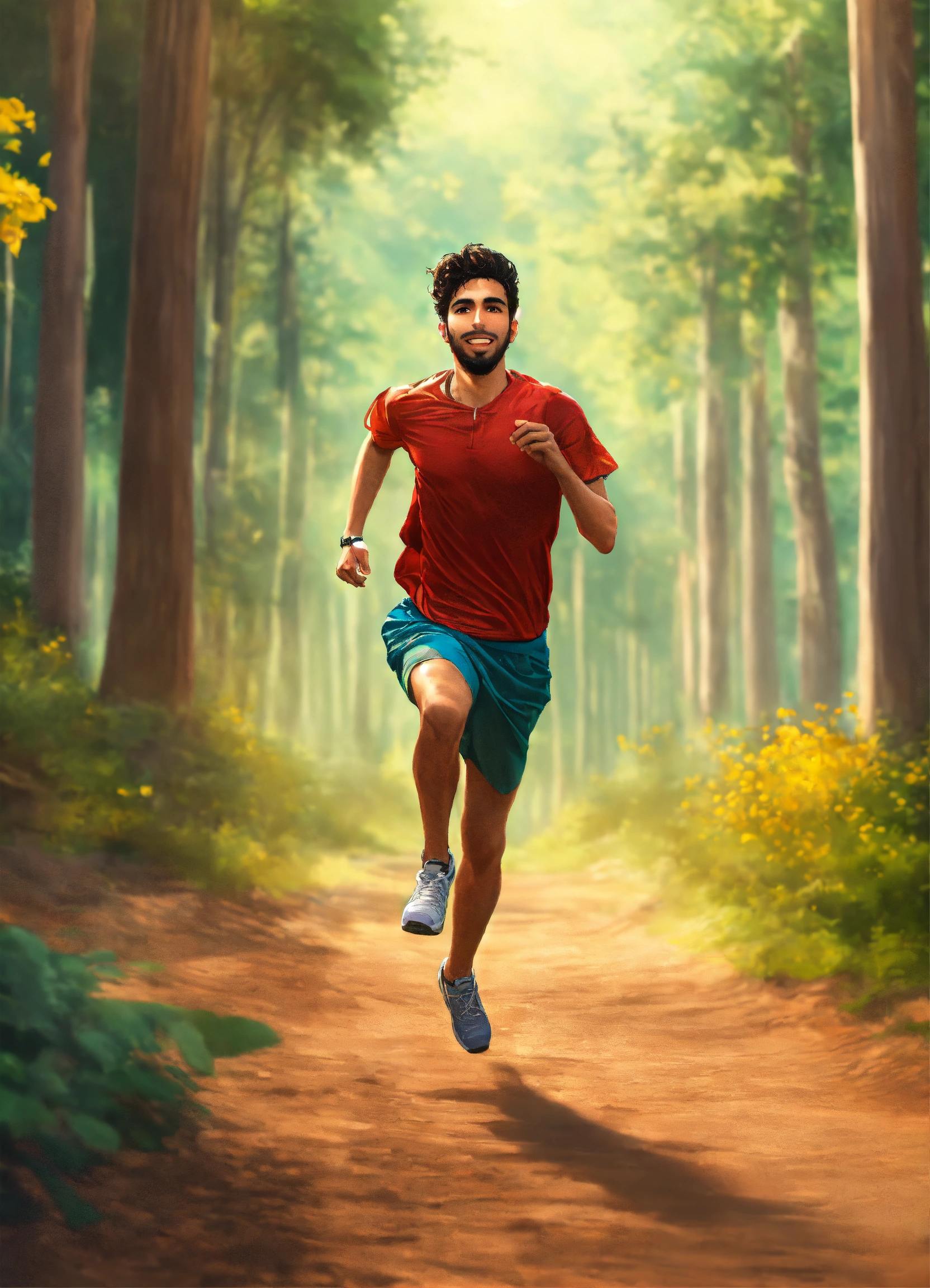 Lexica - A young Arab man running in a dirt path in the forest, feeling ...