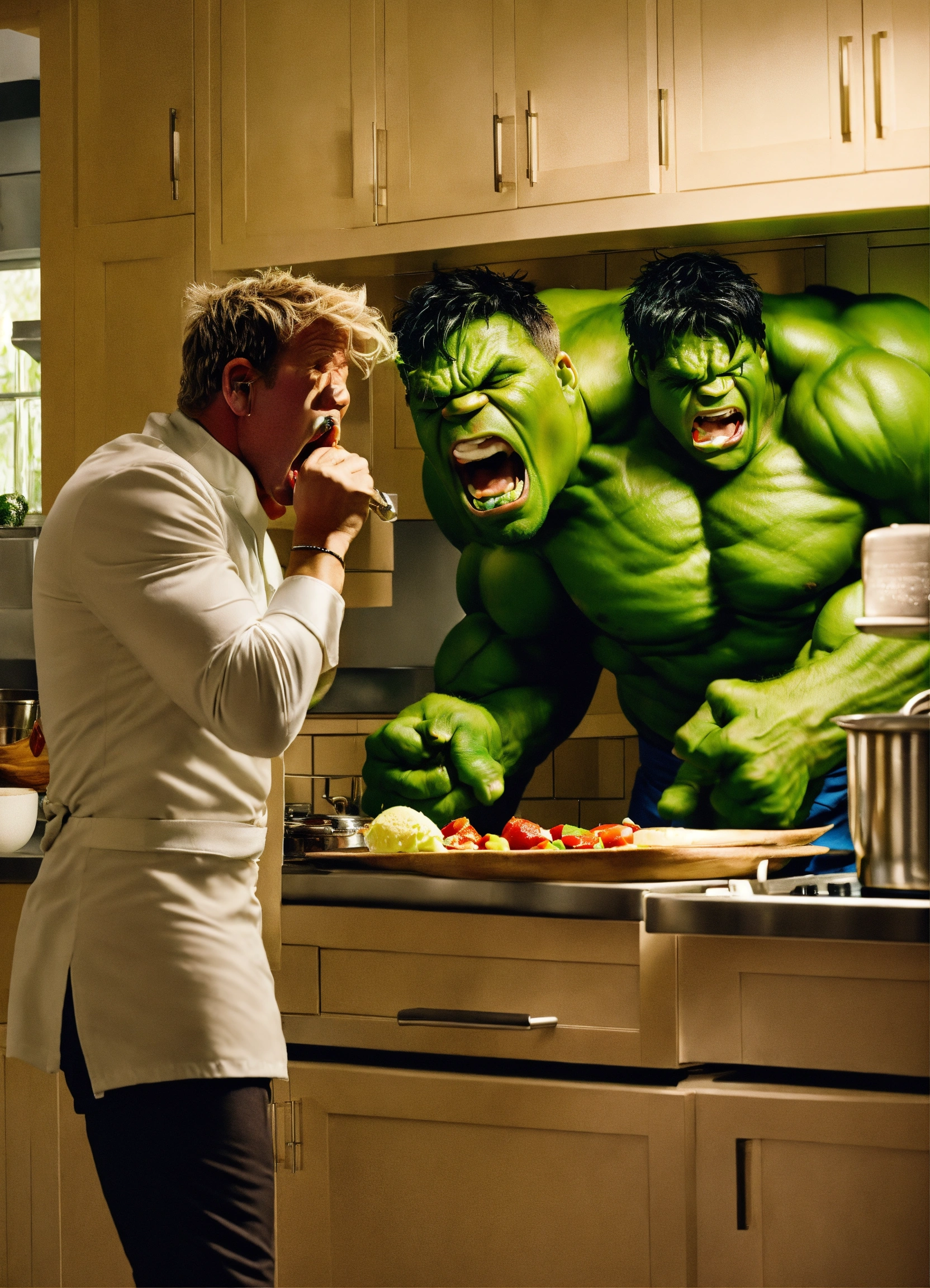 Lexica - Gordon ramsay screaming at hulk in a kitchen