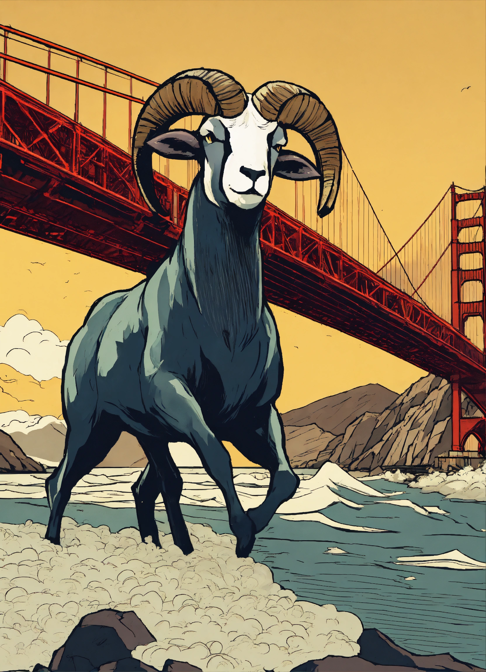 Lexica - An angry Ram punching the Golden Gate Bridge comic