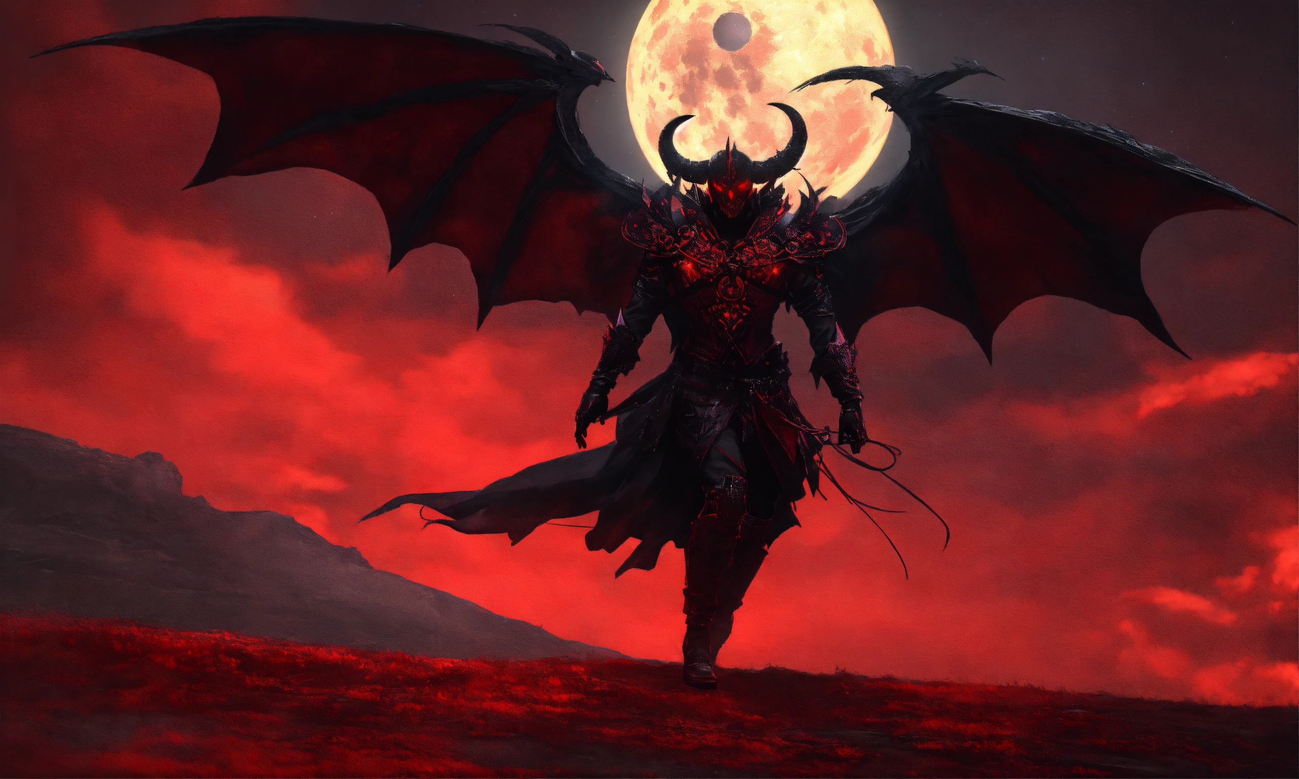 Lexica - Black-red human demon flying in the back red sky with dark moon
