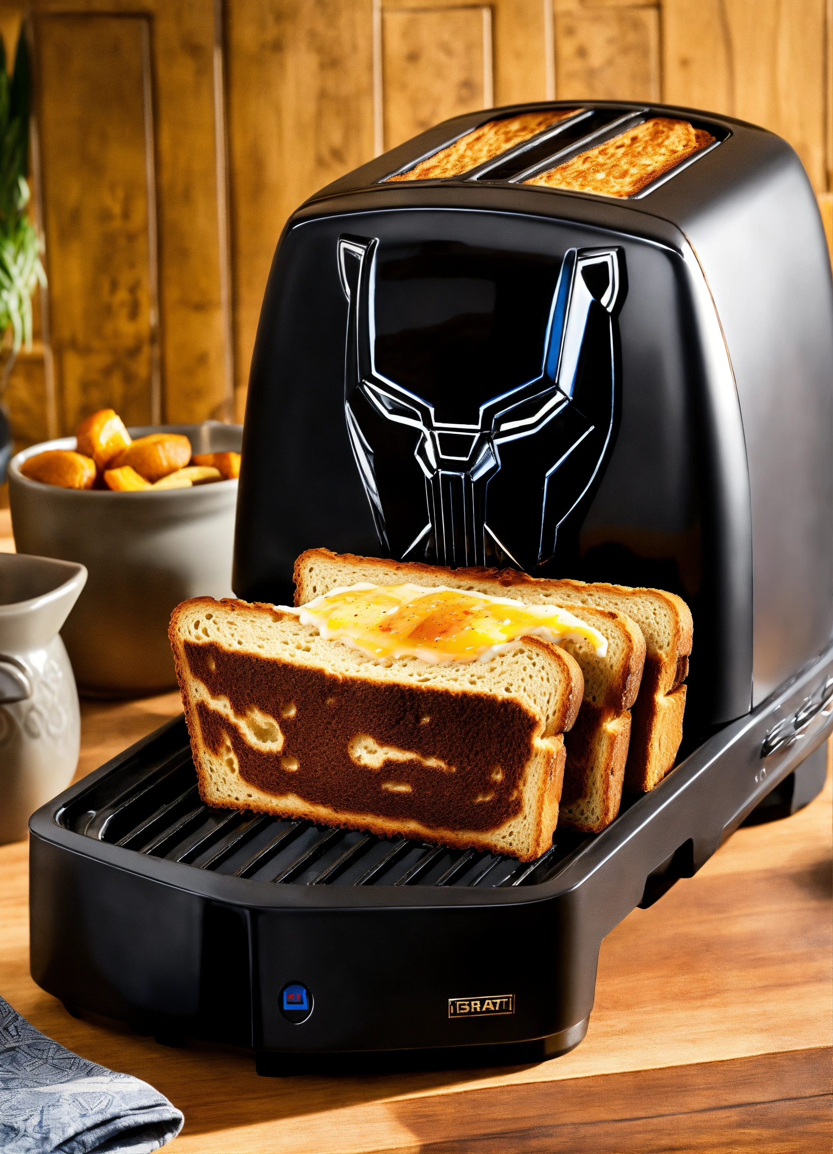 Lexica Reimagine Black Panther as a toaster. Describe the toaster s design inspired by the high tech Vibranium infused world of Wakanda. How does