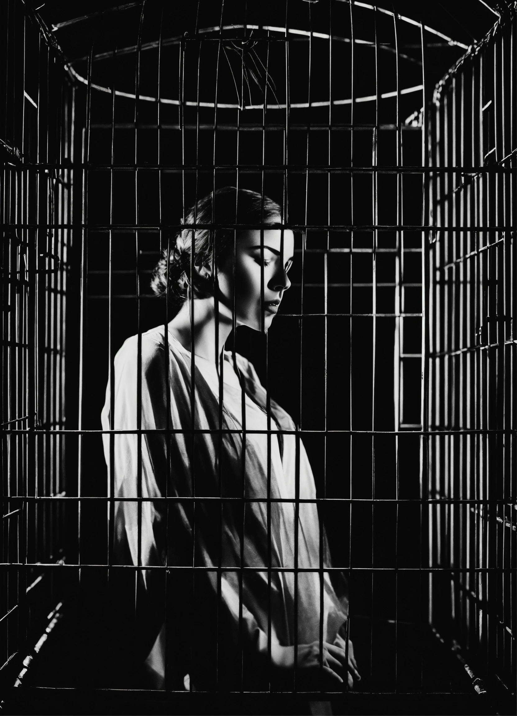 Lexica - The silhouette of a woman trapped in a cage, black background