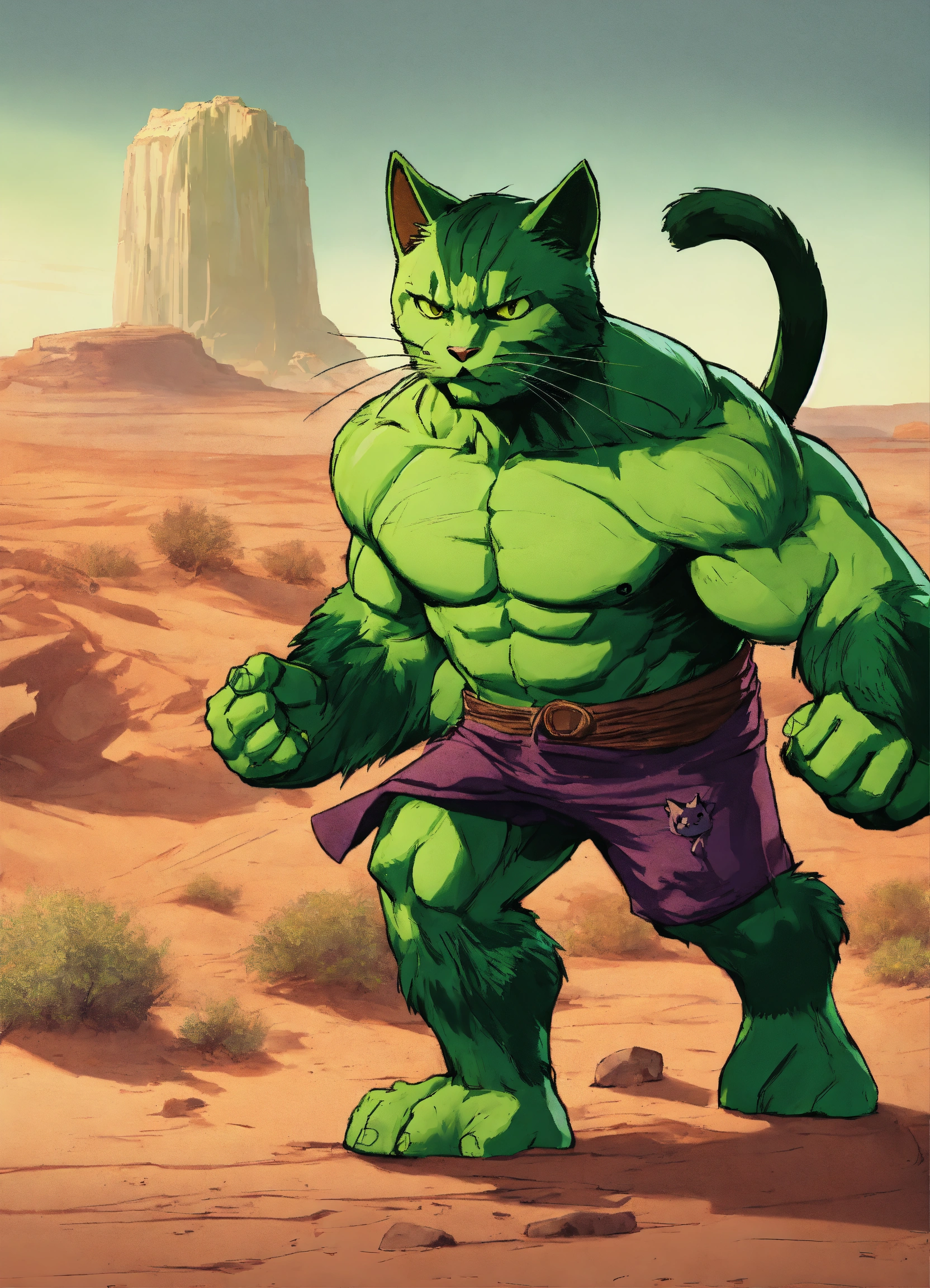 Lexica - A cat wearing a Hulk suit in the desert catching villains ...