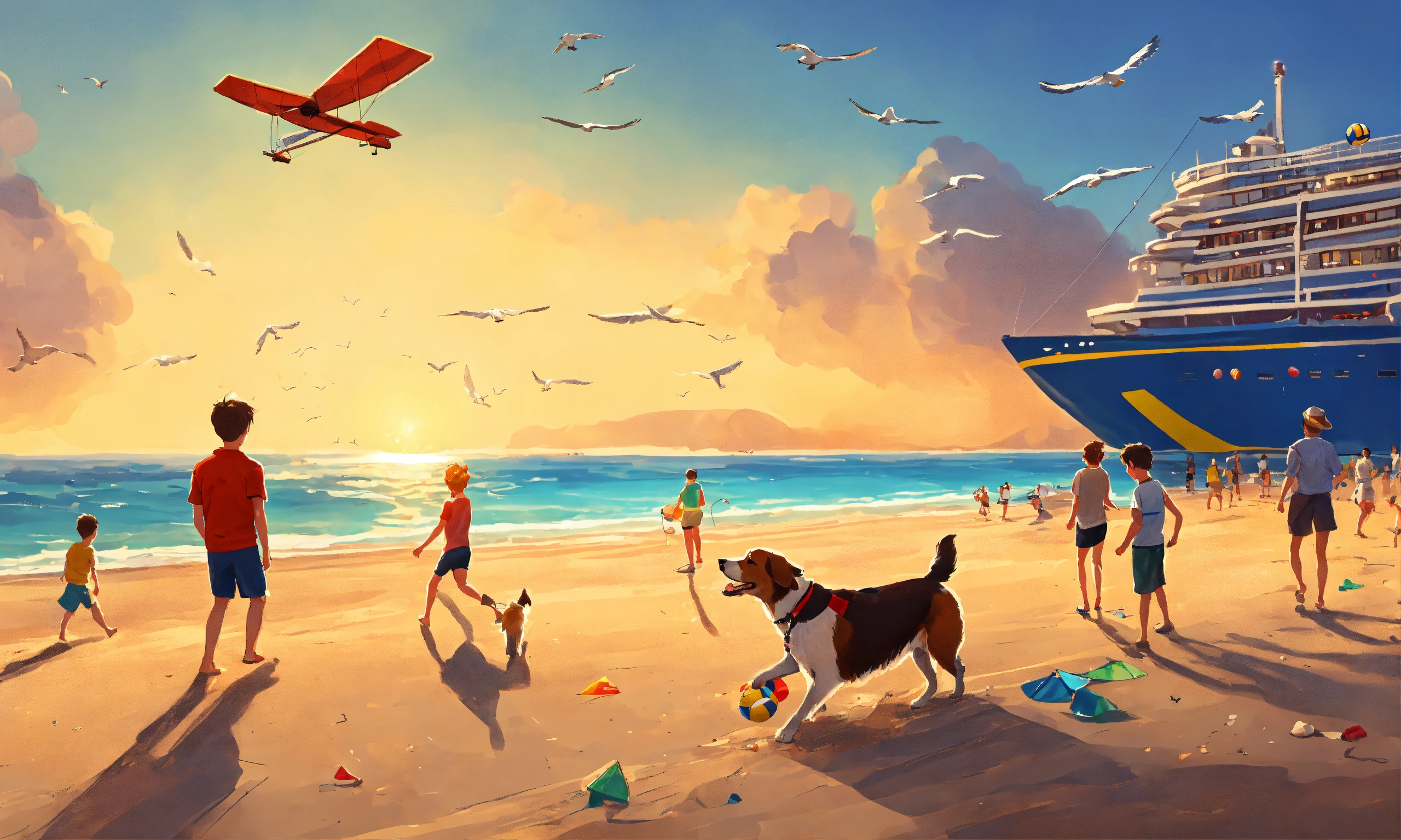 Lexica - Public beach with a dog, kid playing with a small kite ...