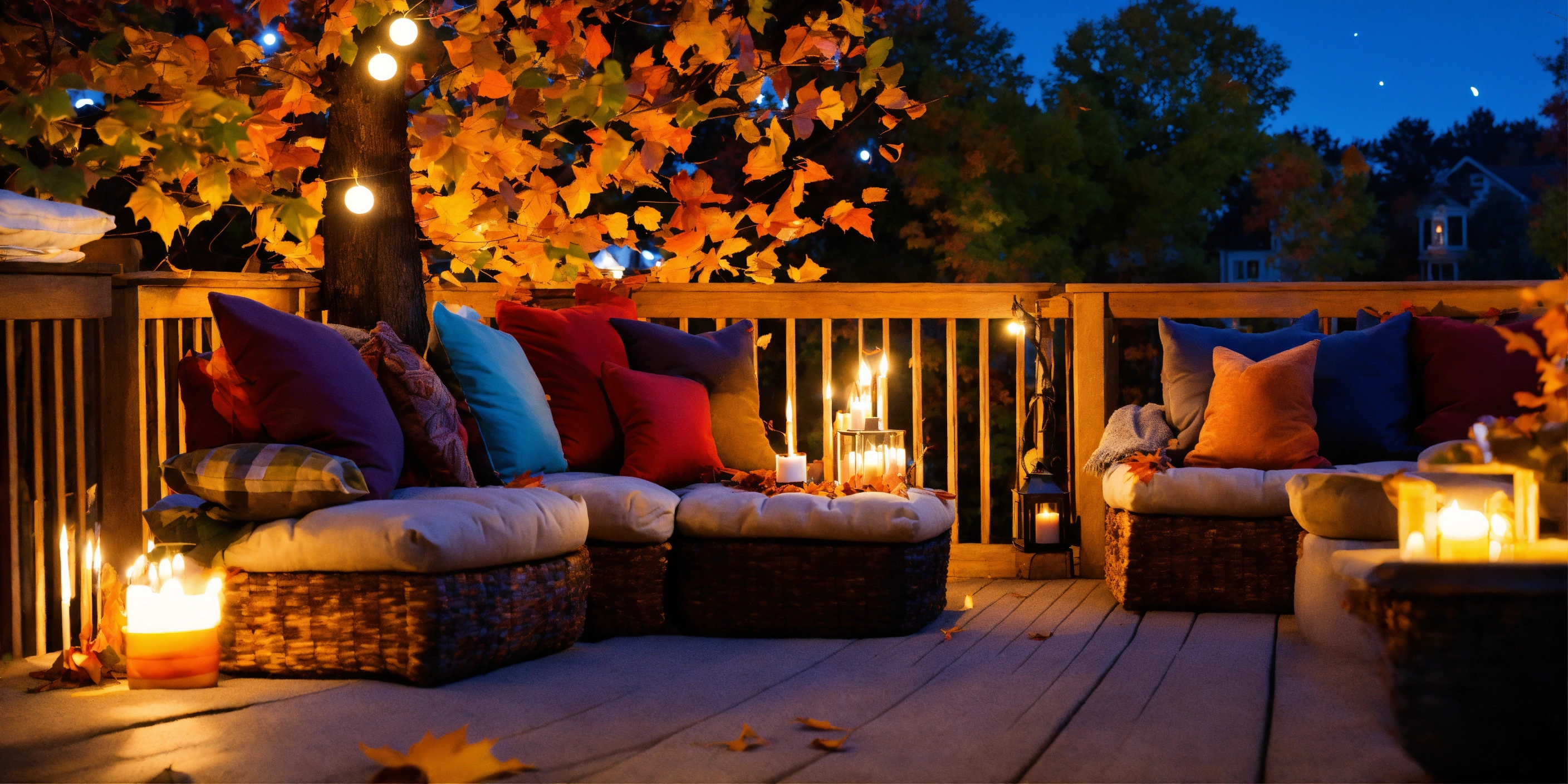 Lexica - Fall theme patio, big comfy couch, fluffy rug, fall leaves ...