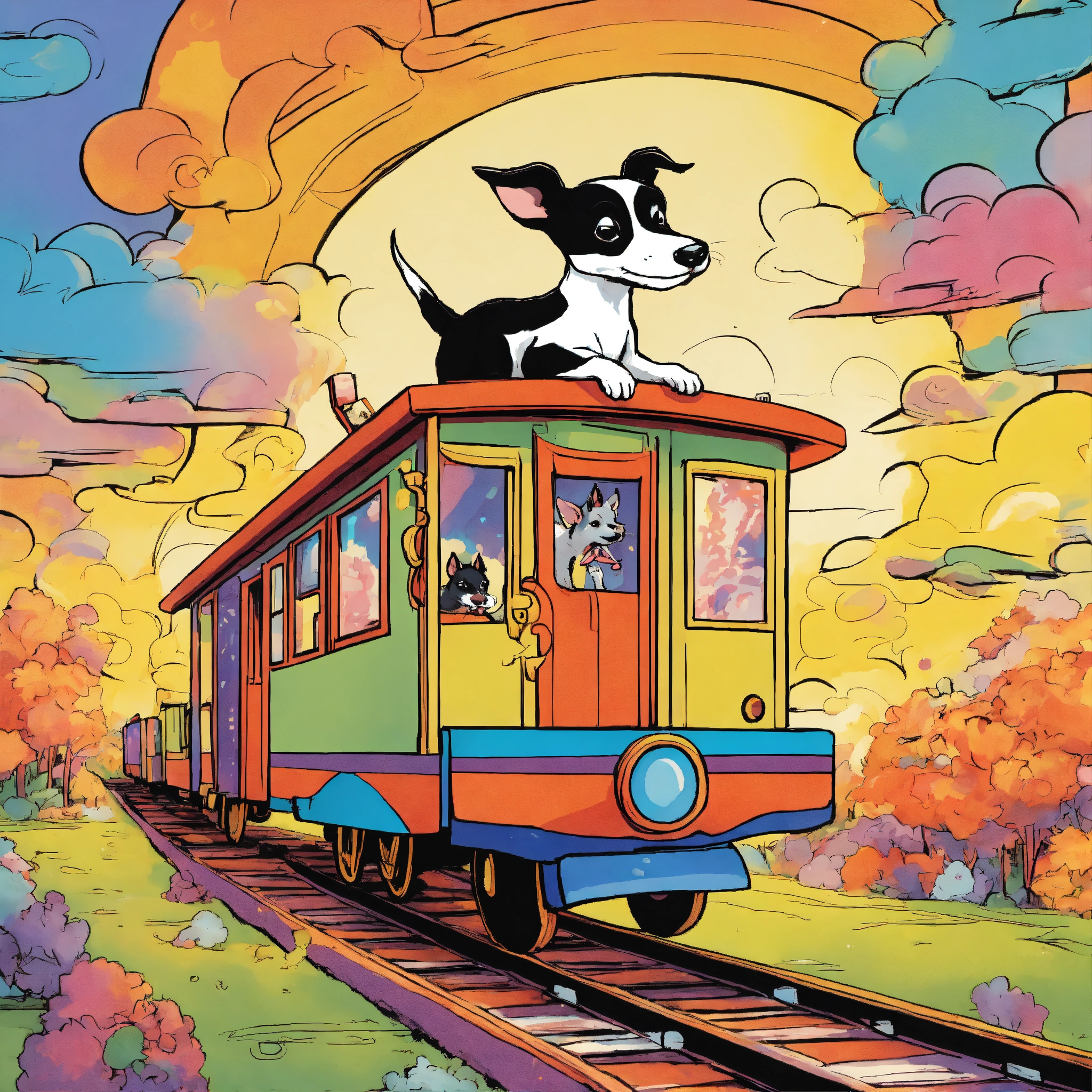 Lexica - A magic train with a black and white rat terrier riding on the ...