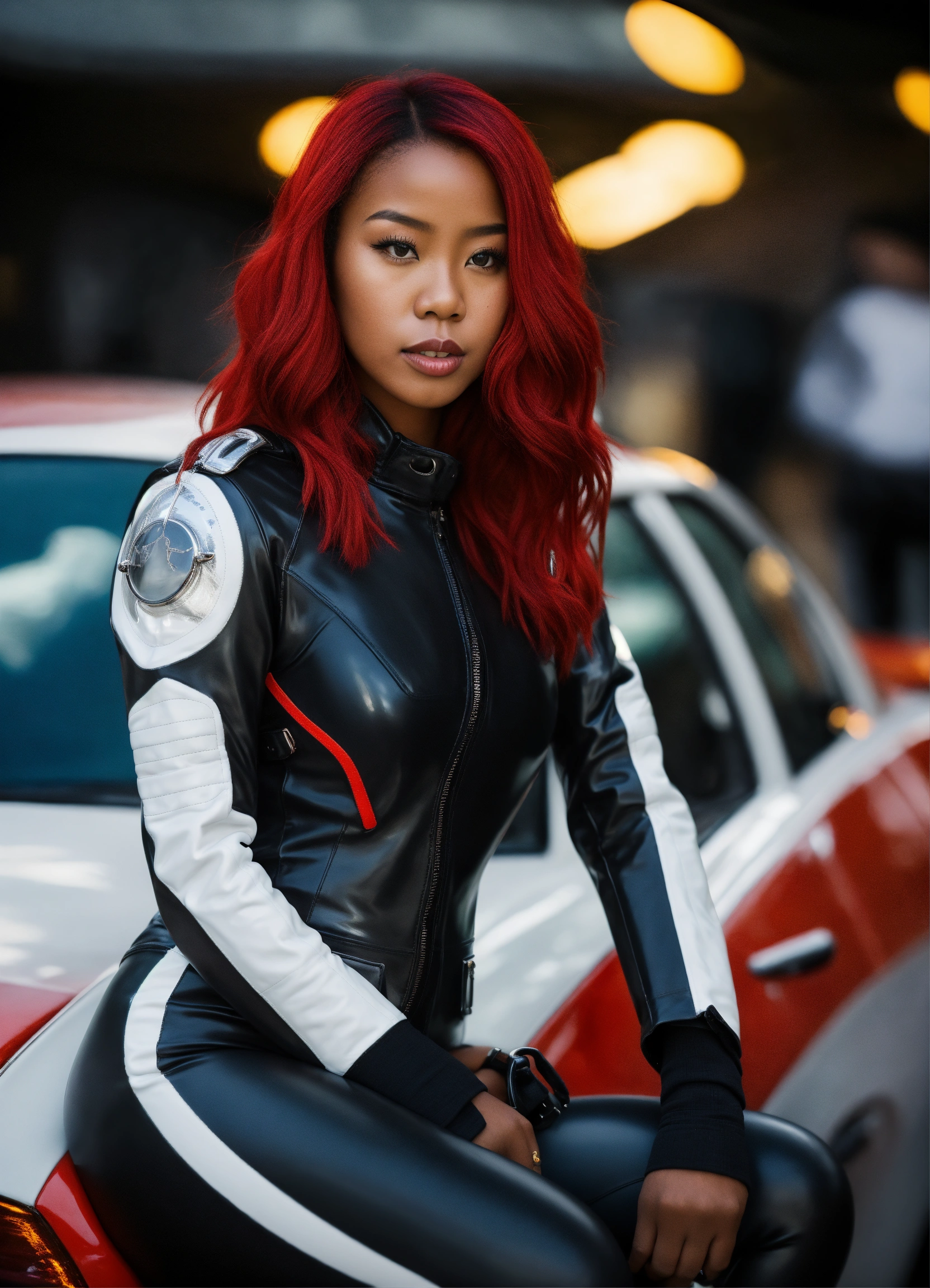 Lexica Full body portrait black asian girl red hair white latex leggings leather boots car pilot suit