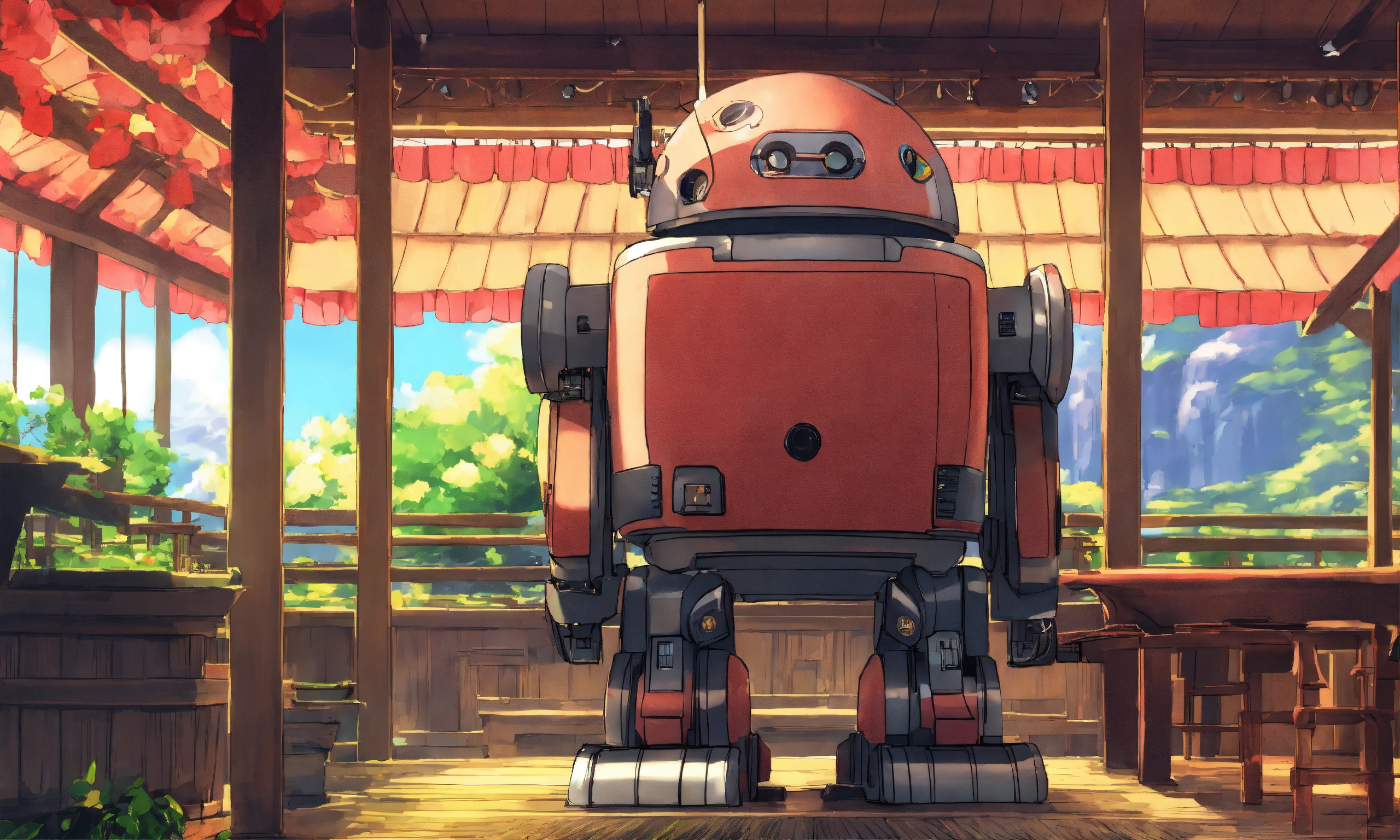 Lexica - Lofi robot anime scenery, studio A-1 Pictures style, cute face,  traditional attire.