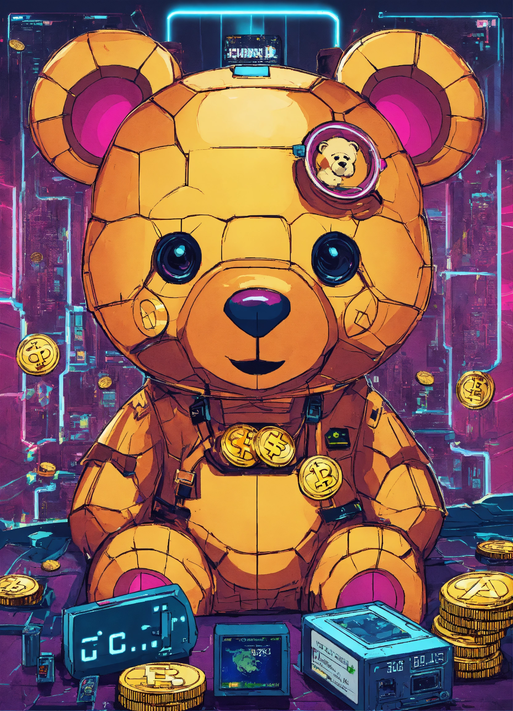 Lexica - Cyberpunk advertising poster of teddy bear , surrounded by ...
