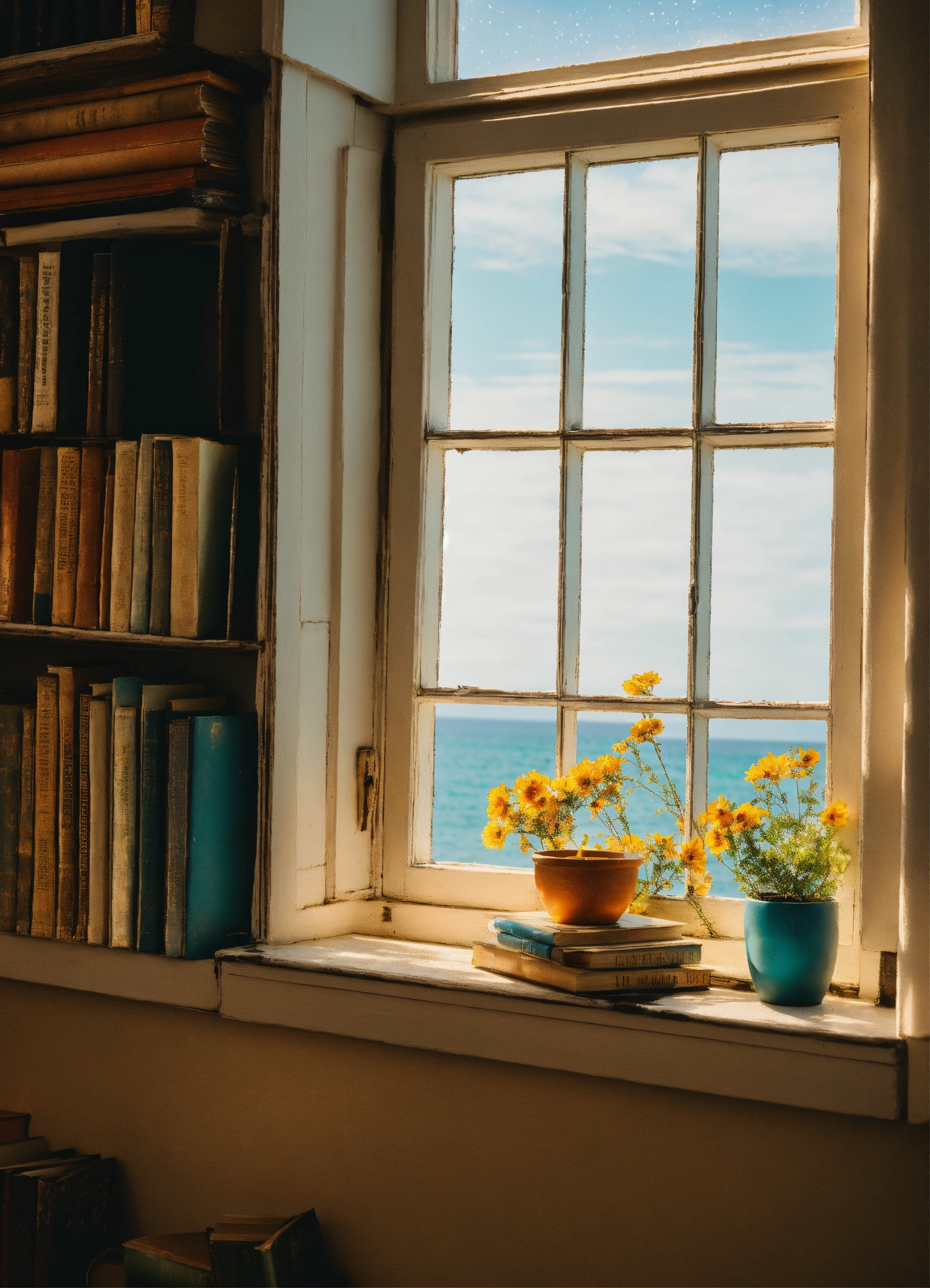Lexica - A window overlooking the calm sea of summer, on the windowsill ...