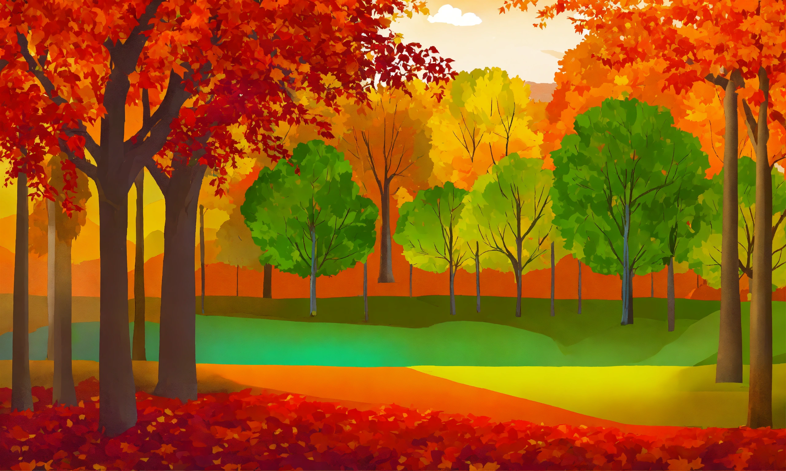 Lexica - Fall landscape with red, plum, orange, yellow & green leafs trees