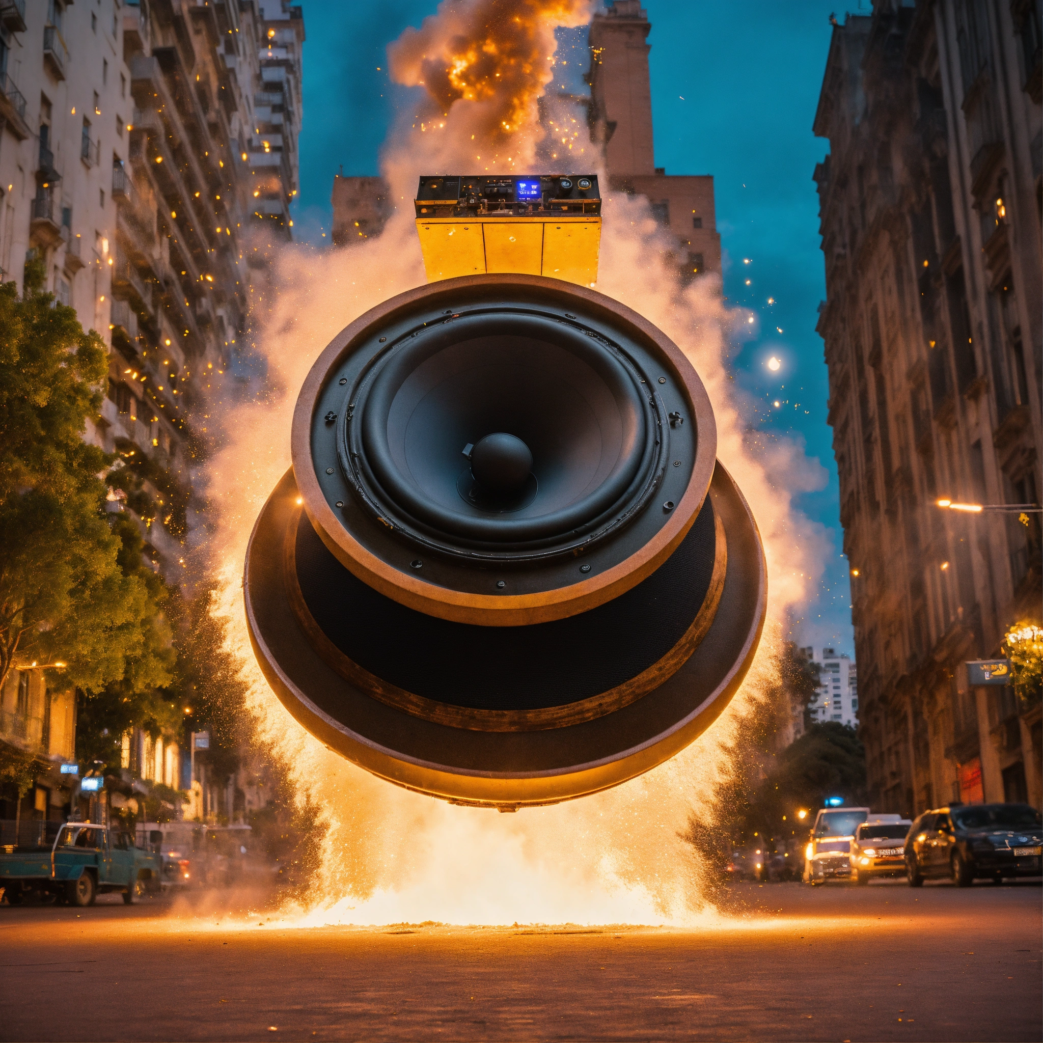 Lexica - Big speaker taking off like explosion, from the ground, in a ...