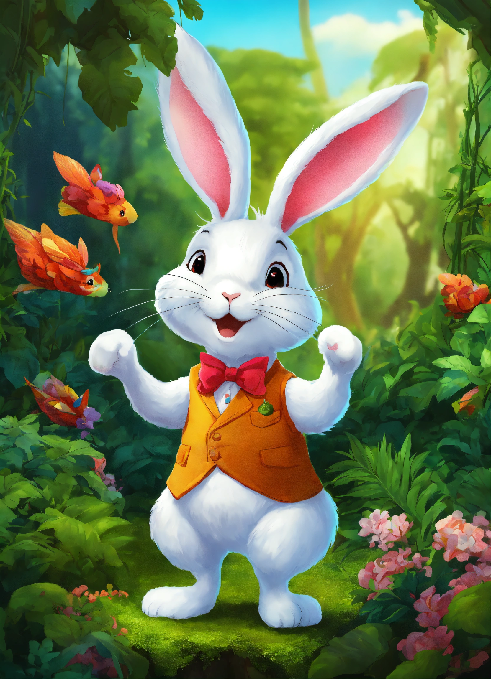 Lexica - Let cartoon big white rabbit walk on two legs in jungle