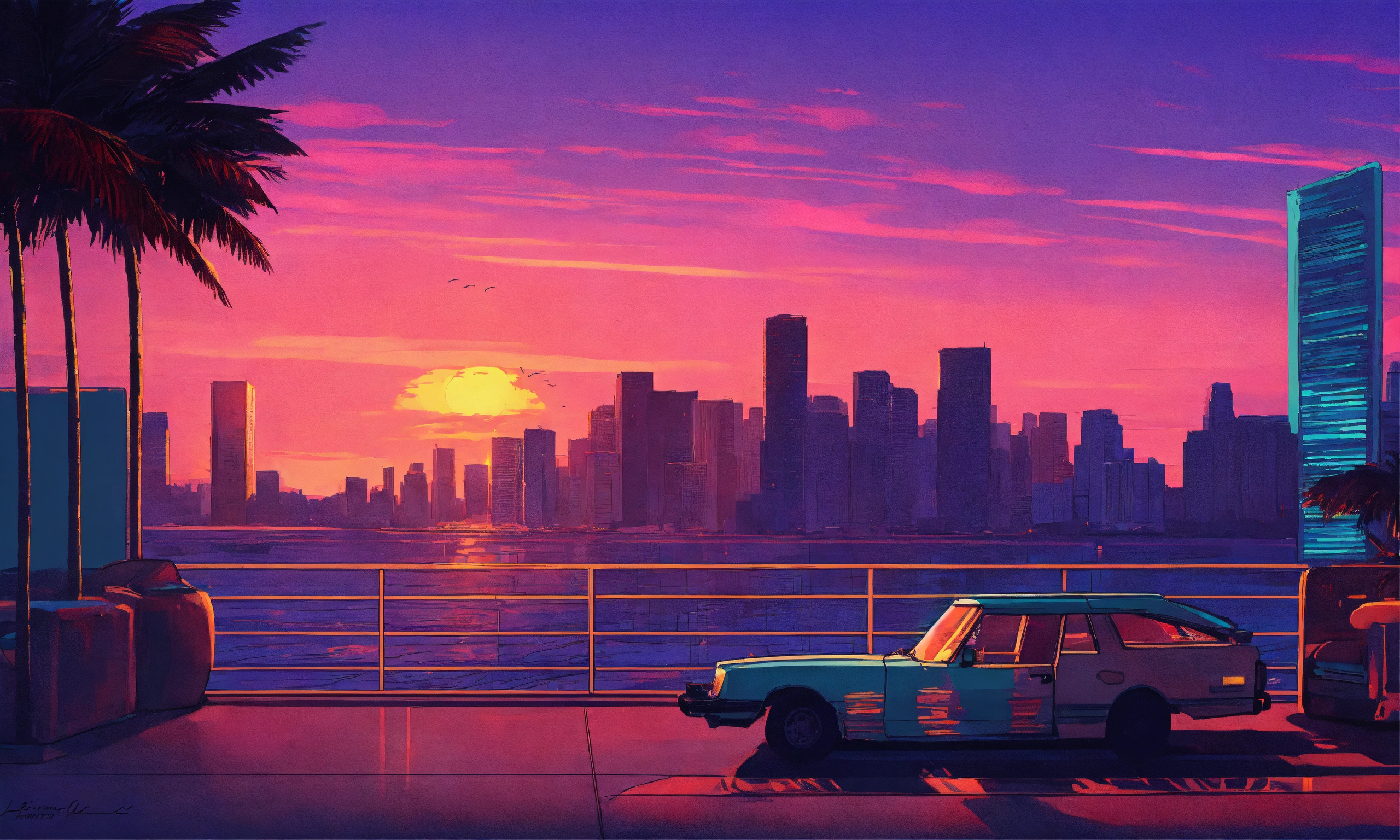 Lexica - Miami vice, lofi artwork, sunset skyline