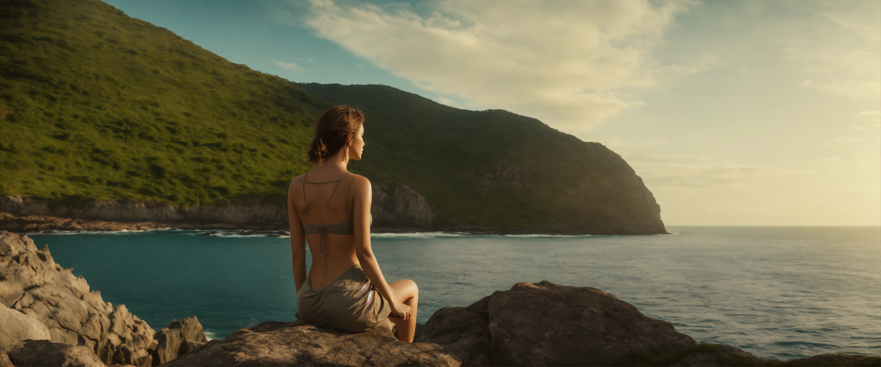 Lexica - Back view of a woman sitting on a rock in front of the sea ...