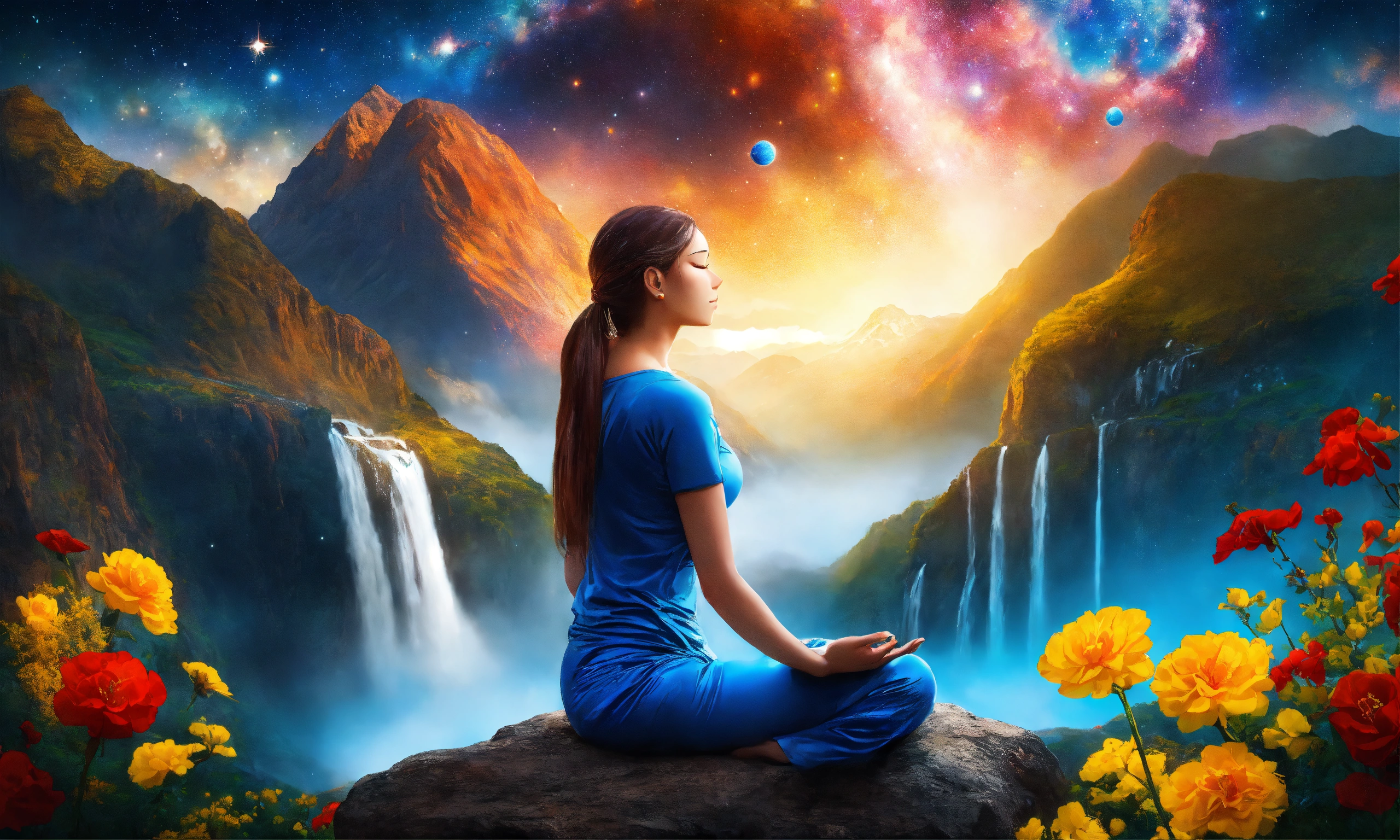 Lexica - Beautiful woman in Meditation posture, mountain, waterfall ...