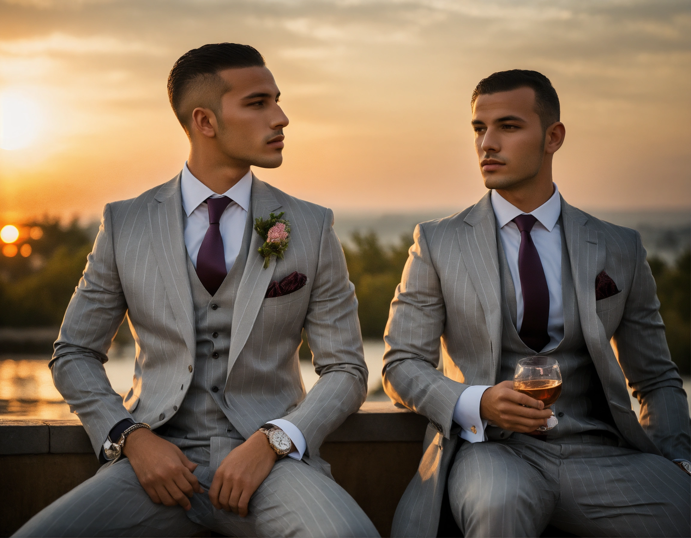 Lexica - Two young Tunisian bald male models in light grey pinstripe vested  suit and tie, looking at the sunset