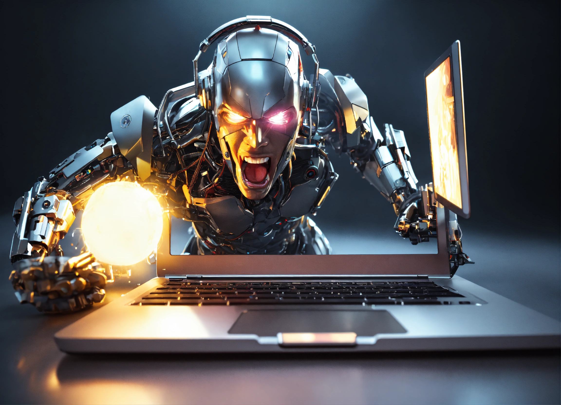 Lexica - Cyborg, 3d, come out of laptop screen, happy, screaming