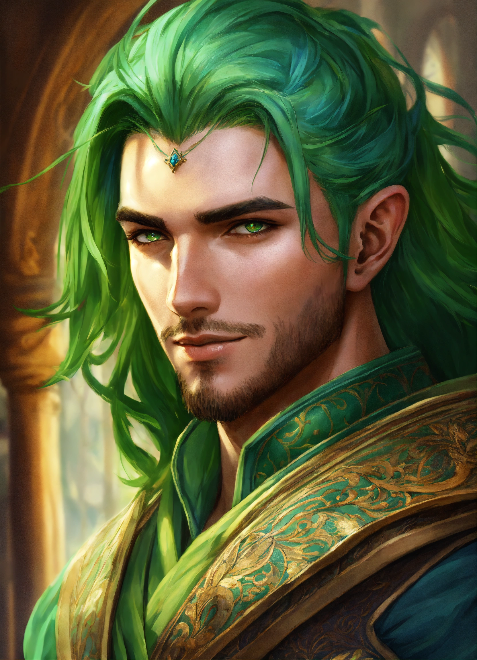 Lexica - Confident male wind mage, green hair, nobleman, smirk, magic ...