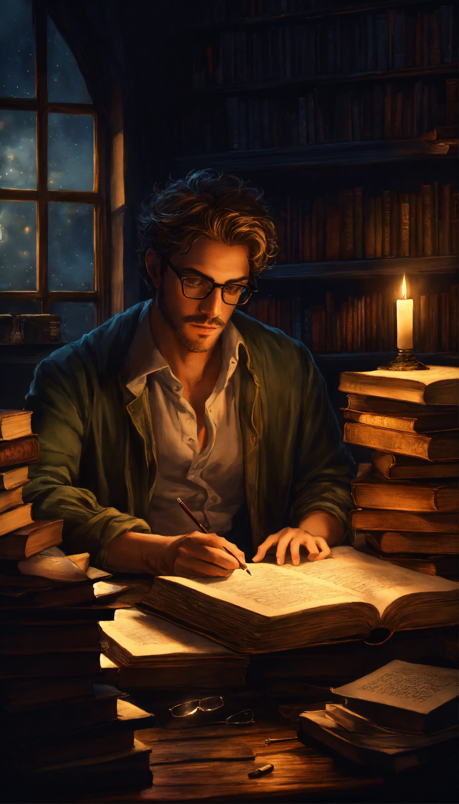 Lexica - A handsome male writer, with depression, wearing glasses, in a ...
