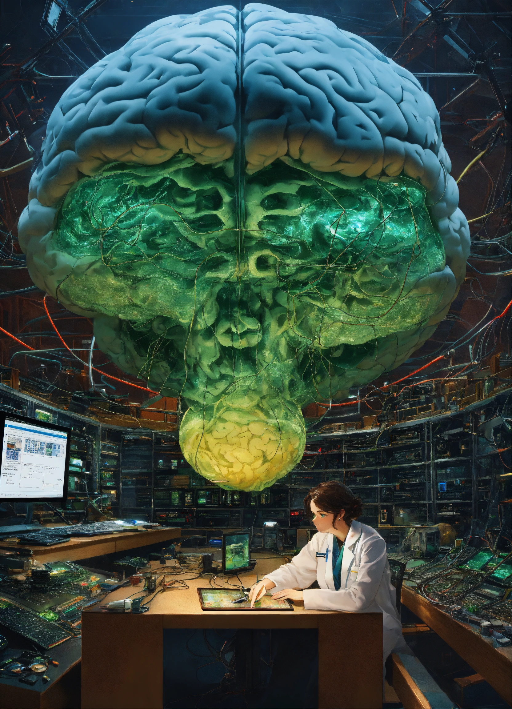 Lexica - In the center of the room, a colossal human brain is ...