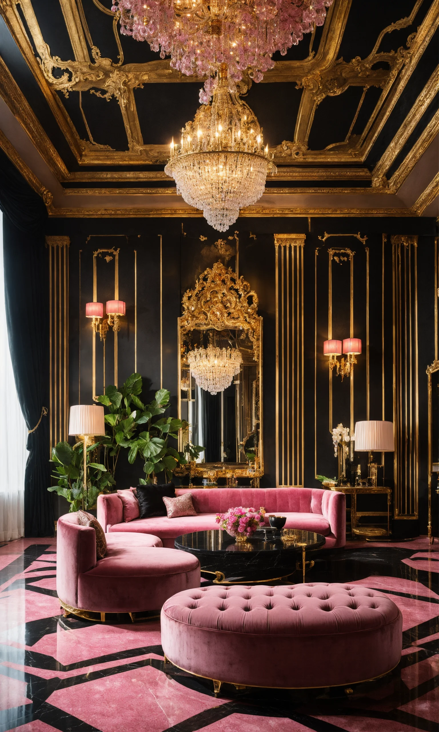Lexica - A luxury design living room pink and black marble with gold glow
