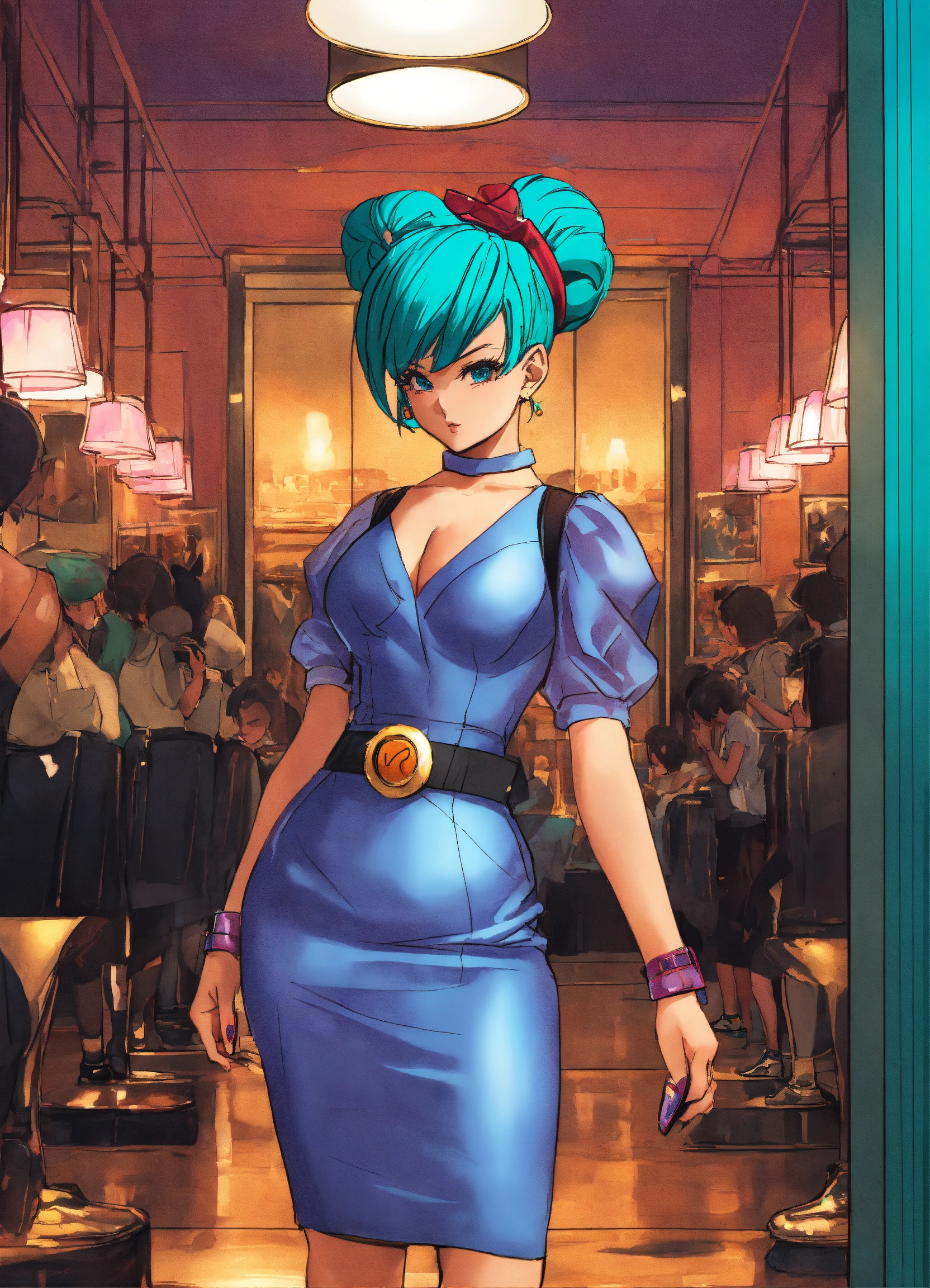 Lexica - Bulma from DBZ dressed up in a high fashion dress and heels.