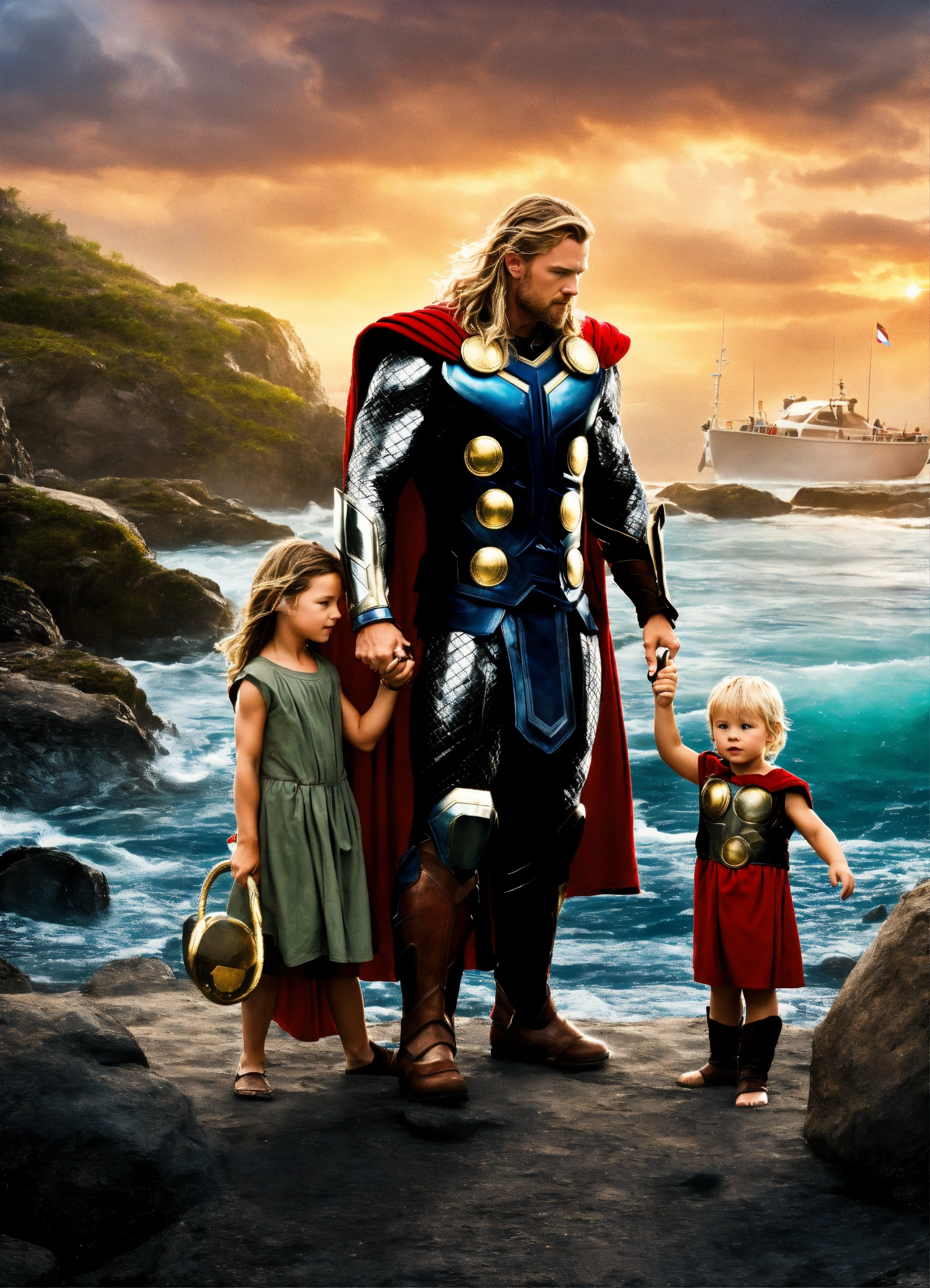 Lexica - Thor with his wife and child. boarding a boat in the clear ...