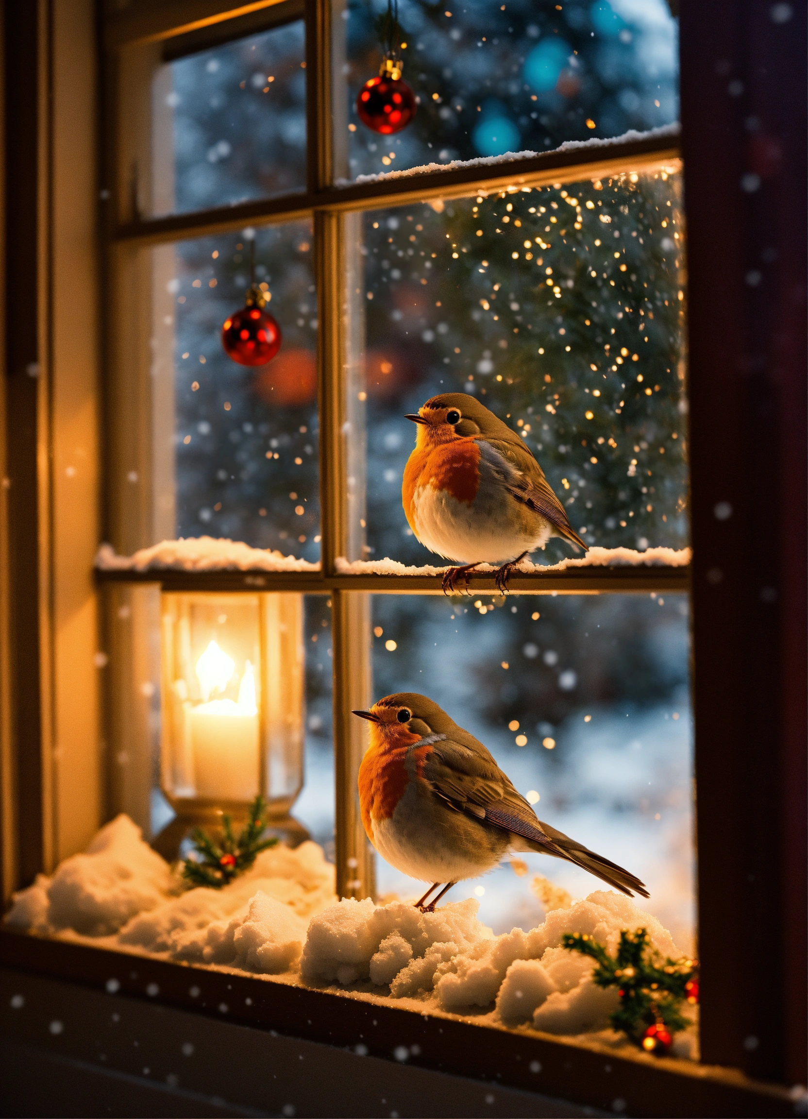 Lexica - A snow covered window with a robin sitting on the window and ...