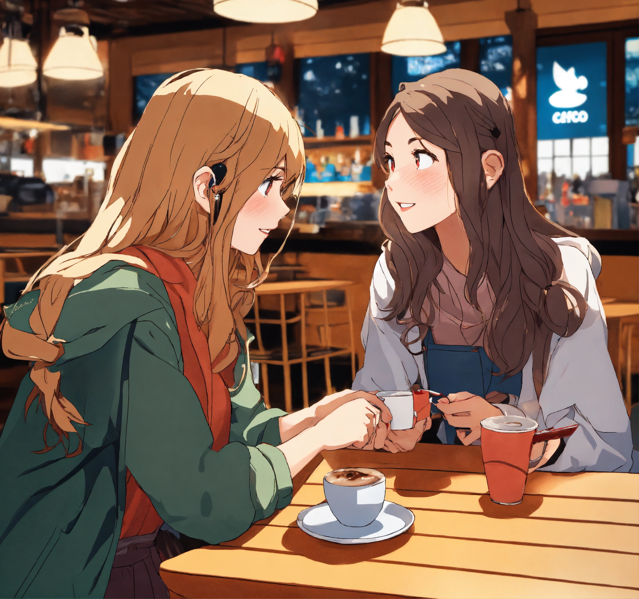 Lexica - Amigas conversando tomando café en la cafetería con teléfono anime