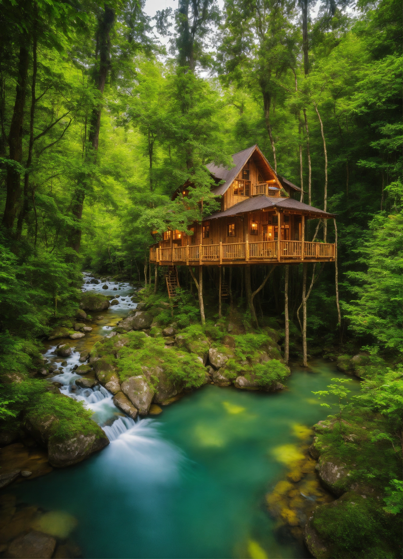 Lexica - Tree houses surrounded by large forest with clear rivers