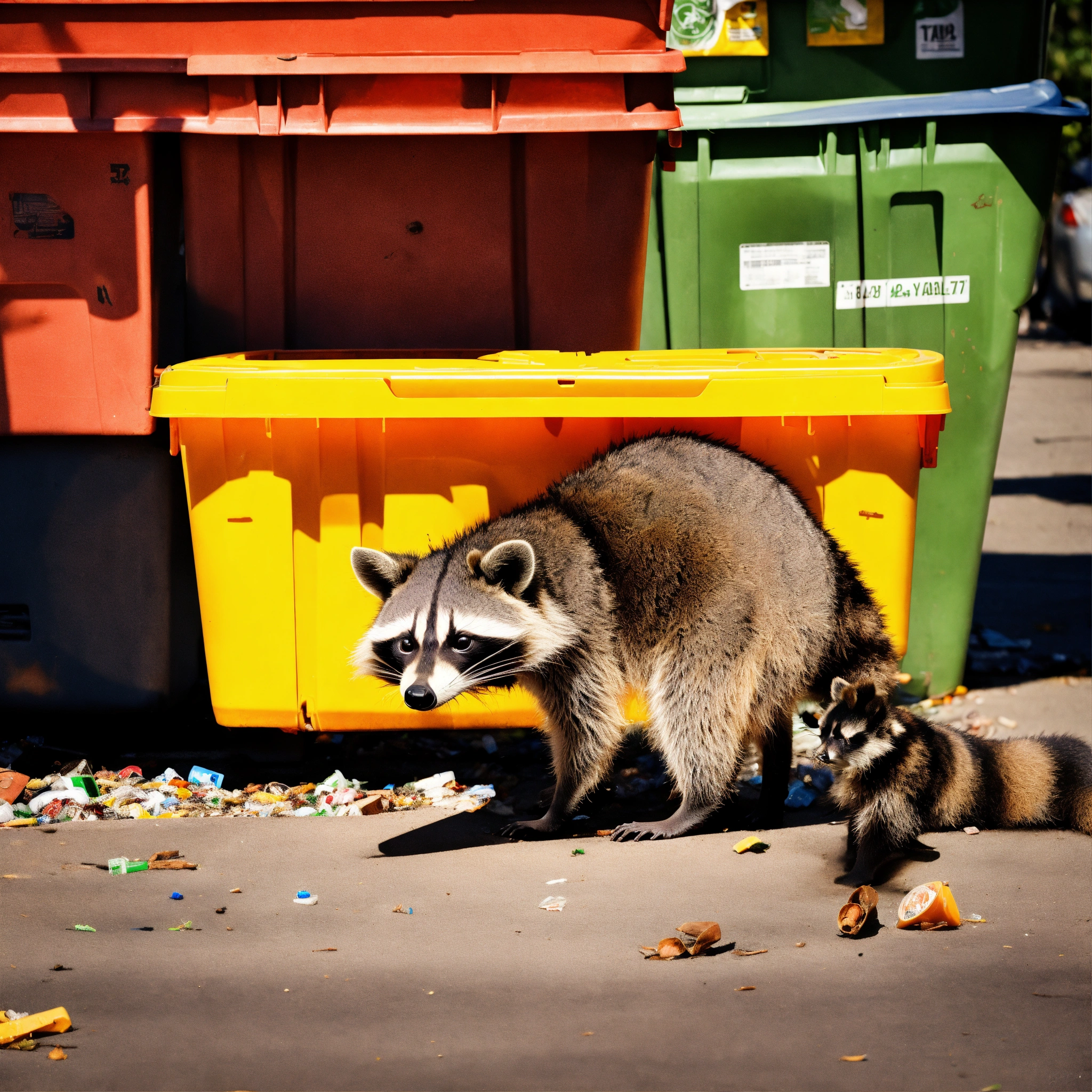 Lexica - A photograph of a raccoon digging through recycling bins, surreal