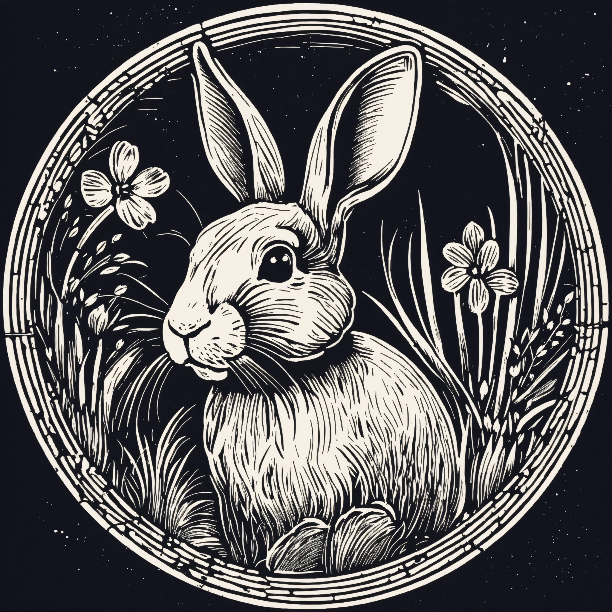 Lexica - Minimal small linocut of a rabbit/bunny, black and white ...