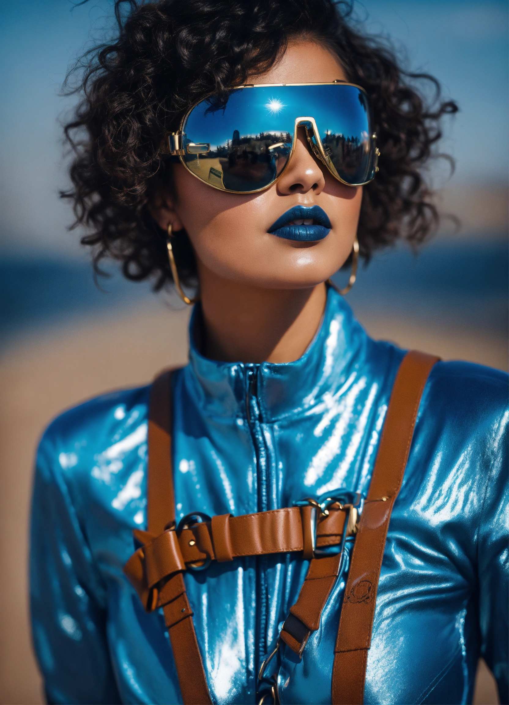 Lexica - Petite latina woman with short curly hair wearing aviator goggles  and blue metallic jumpsuit with white heels and dark makeup and dark  lipst...