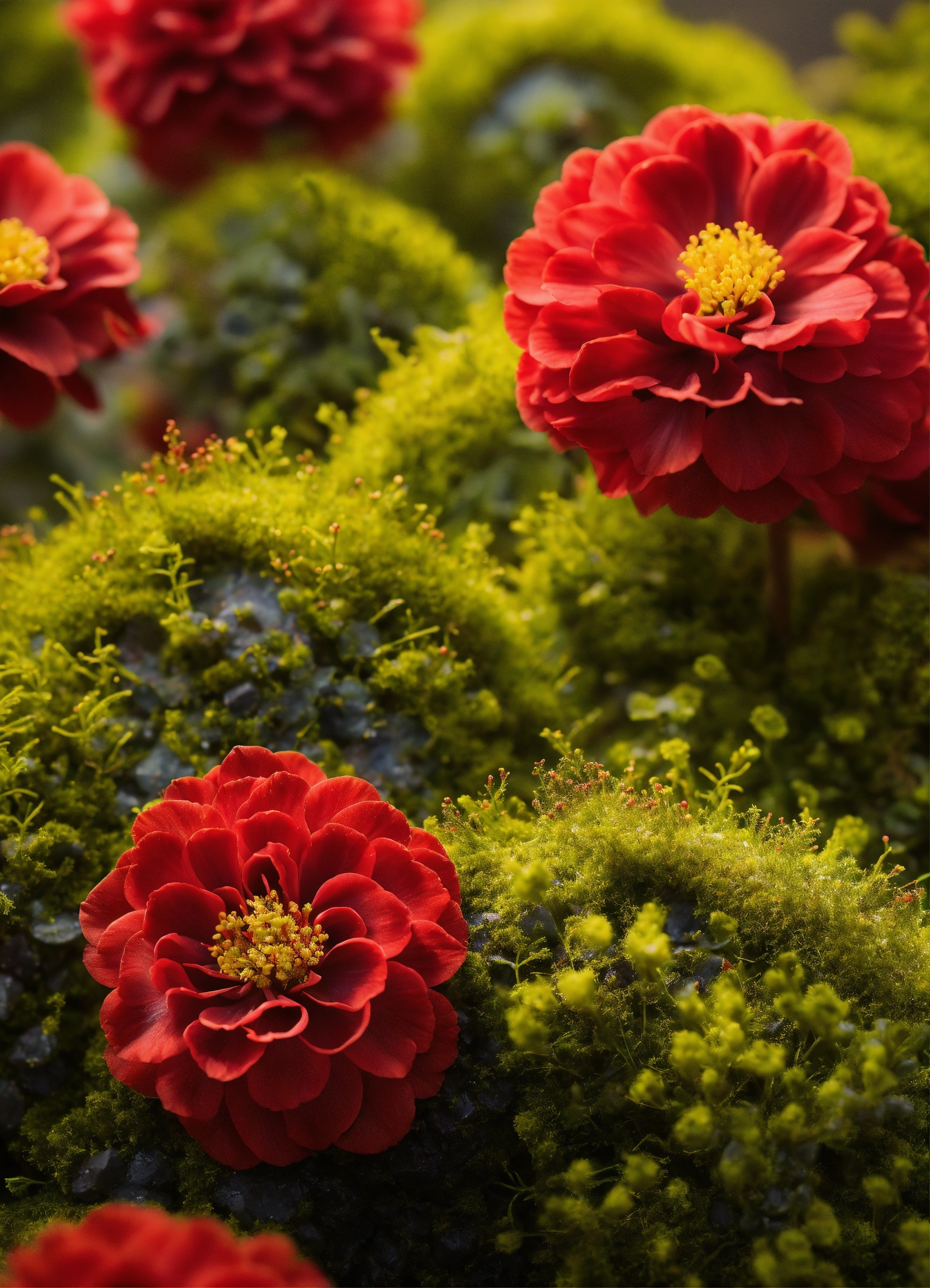 Lexica - Moss dna helix with red blue and yellow flowers, luxury