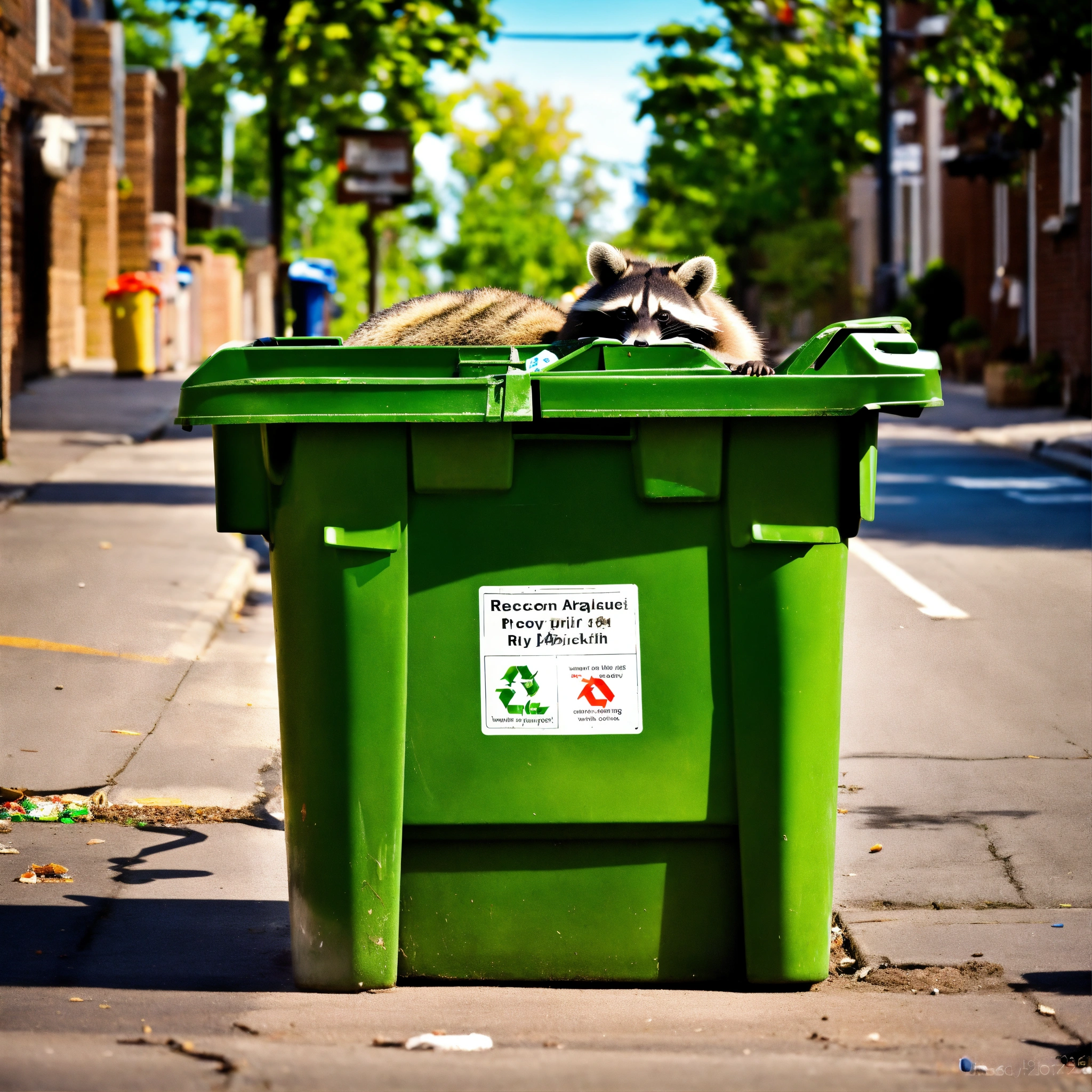 Lexica A photograph of a raccoon digging through recycling bins on a