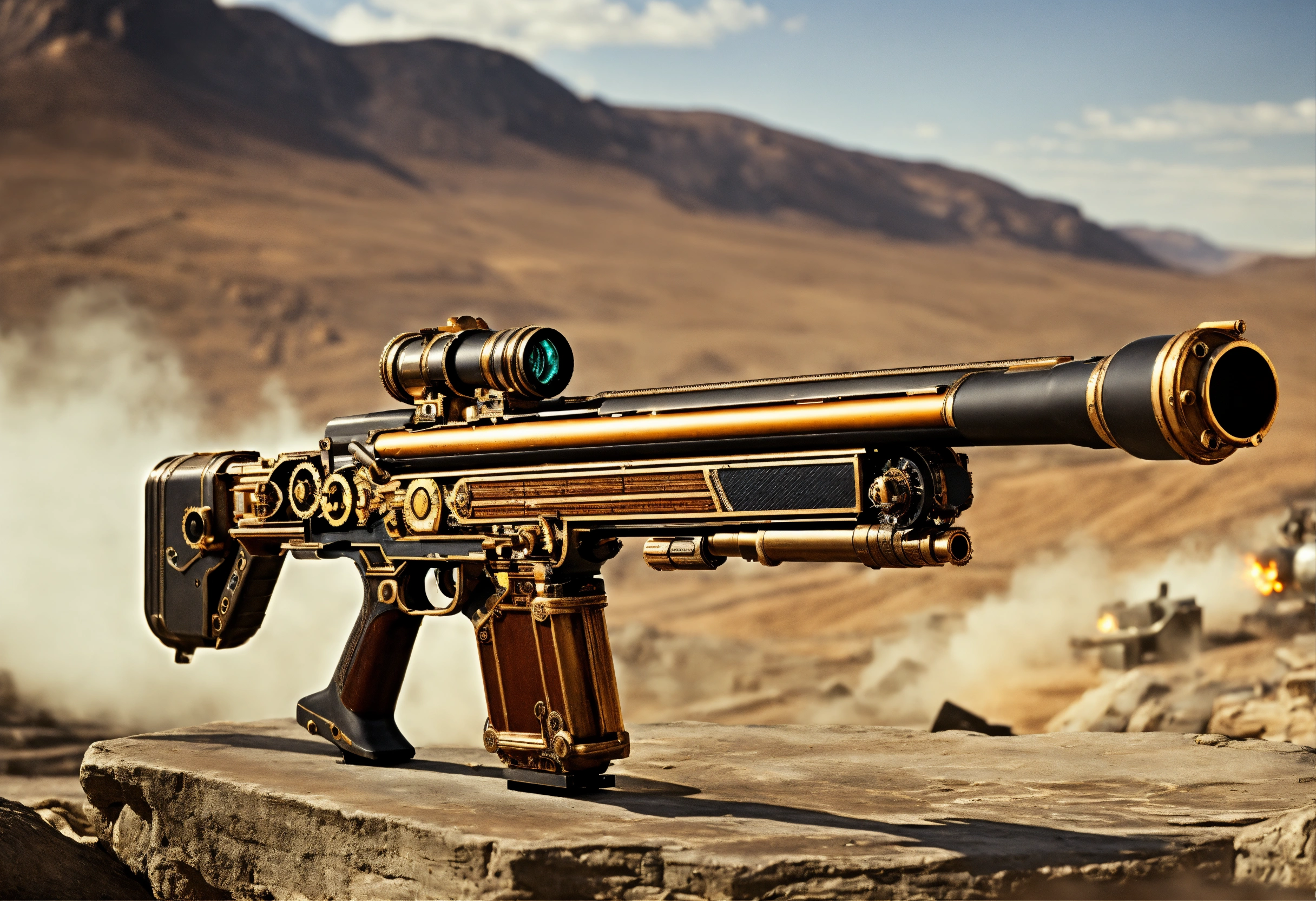 Lexica - Side view of the full image of a steampunk energy rifle