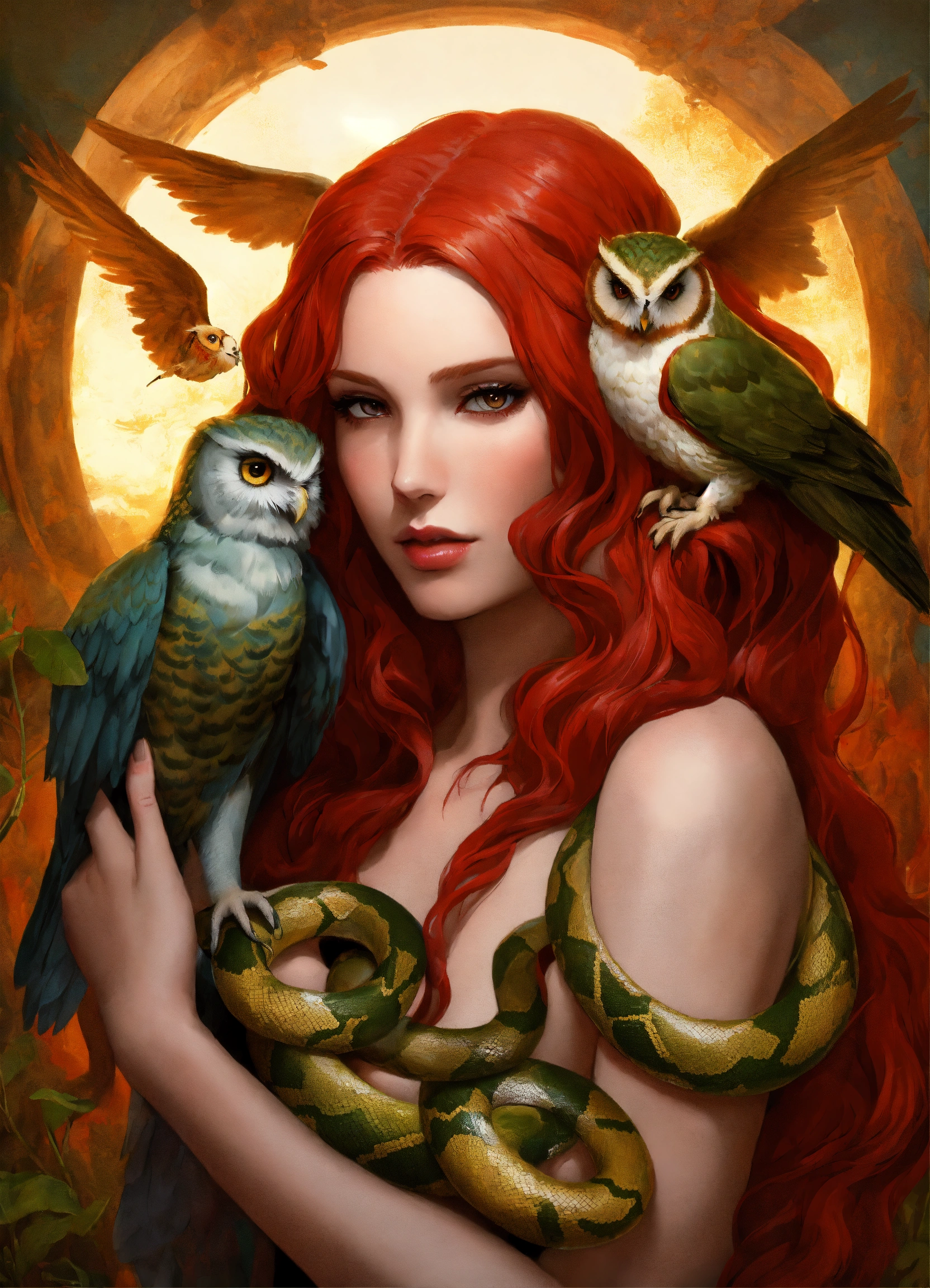 Lexica - Lilith goddess of seduction with red hair with an owl on her  shoulder and a snake